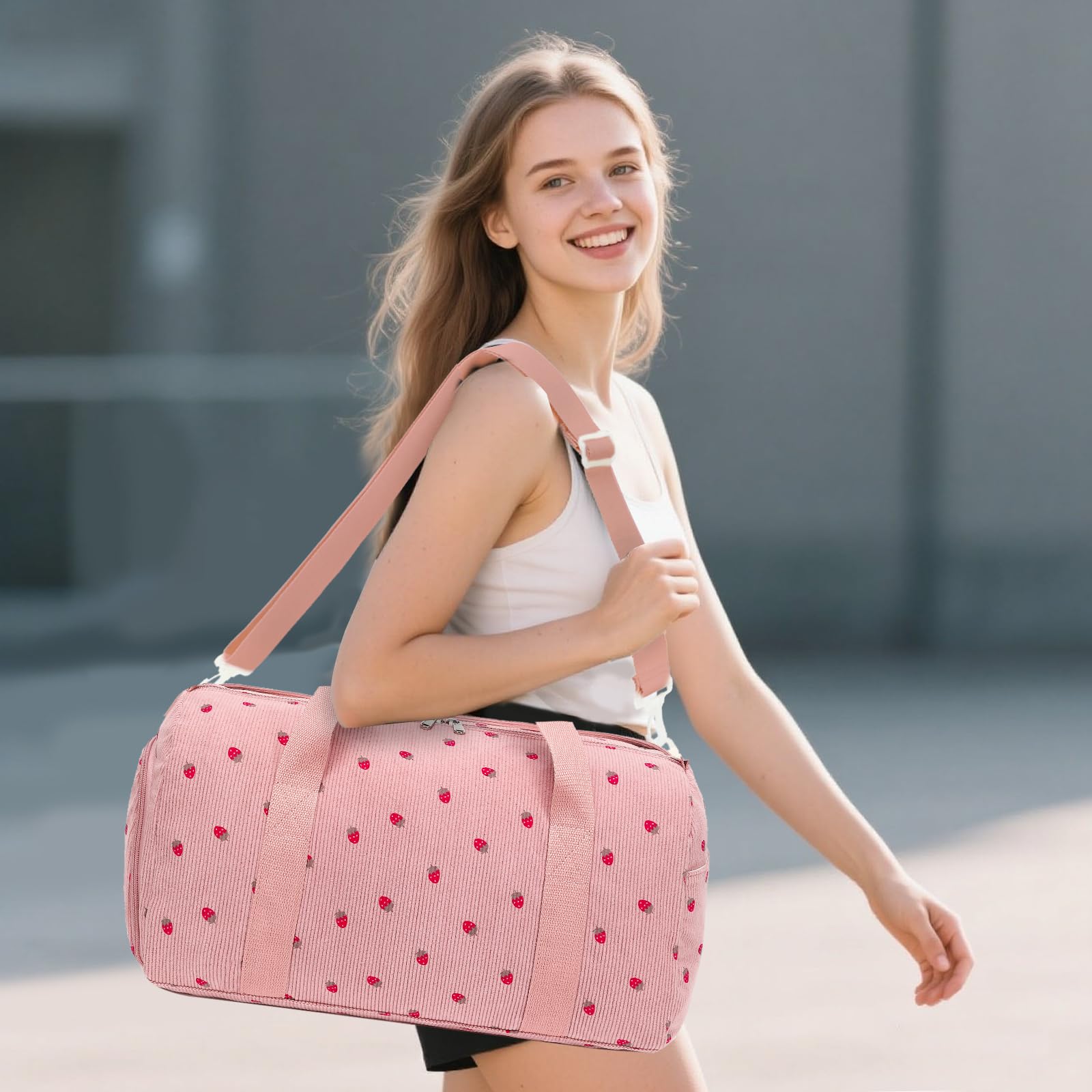 Sac de sport LEDAOU enfant compartiment chaussures humide velours côtelé rose fraise 46x22x23 cm