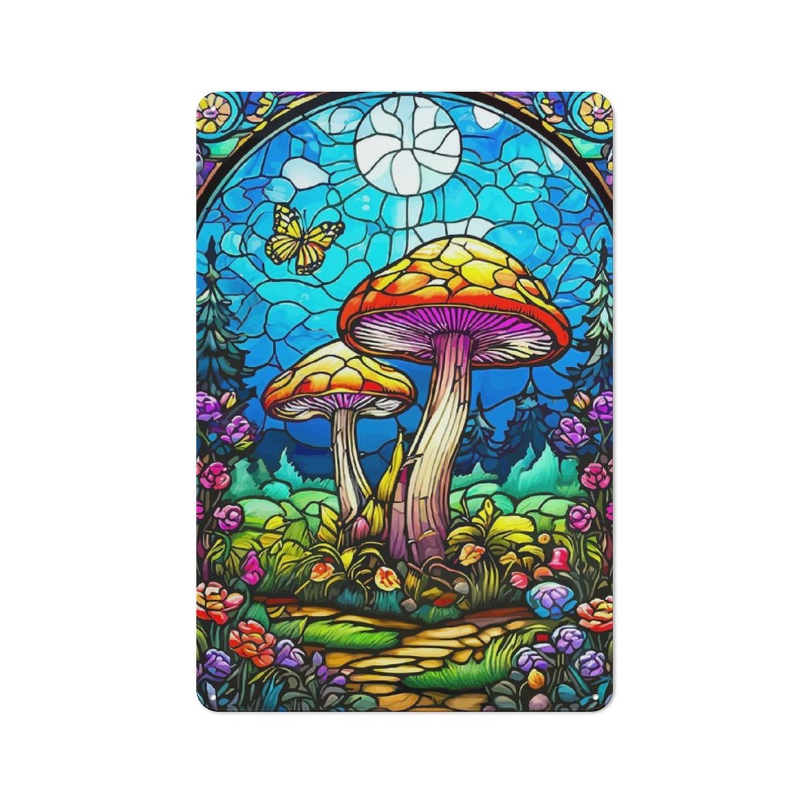 Junmoney Stained Glass Mushrooms Vintage Tin Sign 30X20cm For Garden Room Or Summerhouse, For A Newly Organised Room And Metal Sign Display