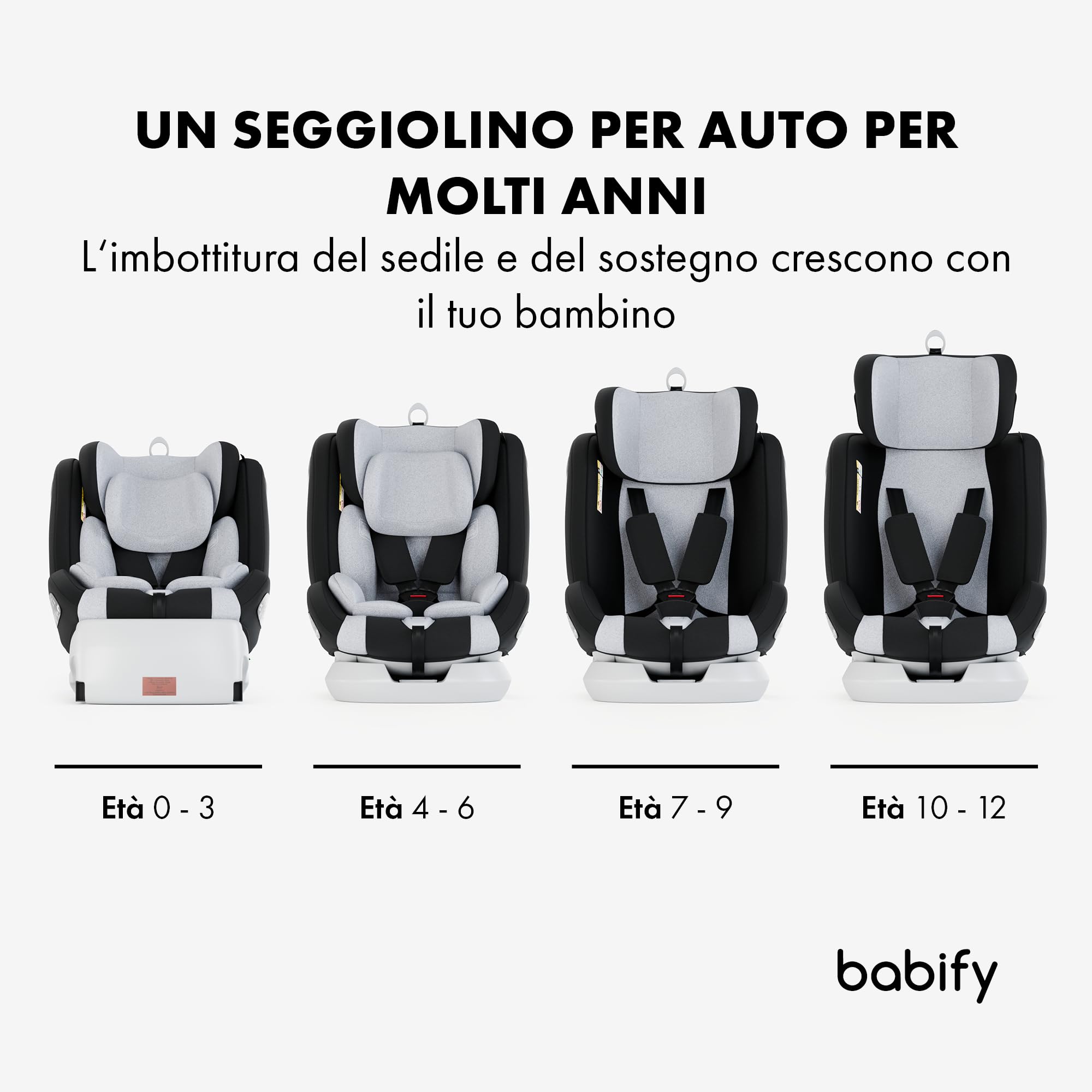 Babify Onboard Seggiolone Auto Isofix I-Size per Bambini da 0 Mesi - 12 Anni, 40-150cm, Seduta Auto Bimbi Regolabile e Reclinabile, rotazione di 360º, Gruppo 0, 1, 2, 3