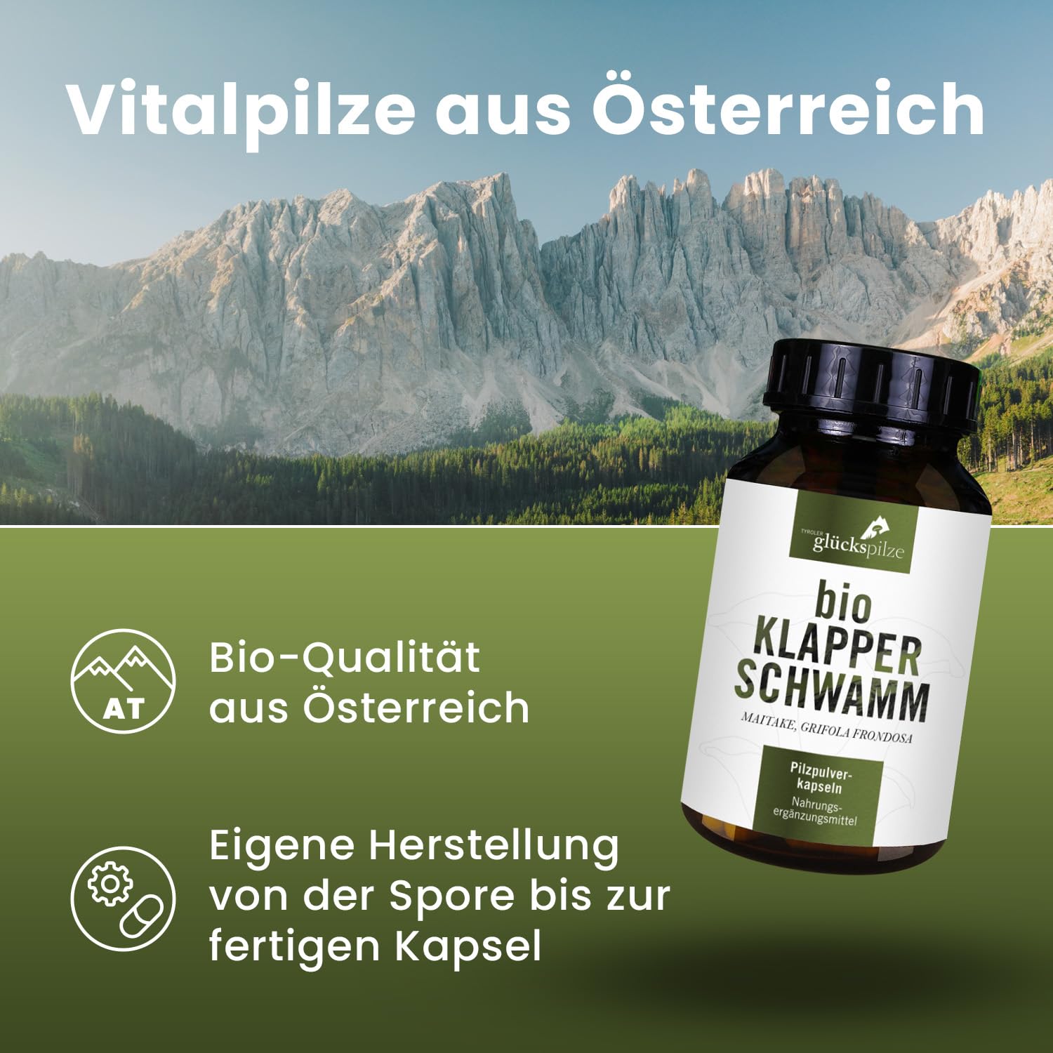 BIO Maitake Kapseln - Maitake Klapperschwamm Pilz Pulver Kapseln vom ganzen Pilz - Vitalpilz Grifola frondosa Pilzpulverkapseln ultrafein vermahlen - AT-BIO-701 Bio-Zucht in Österreich - 120 Stk