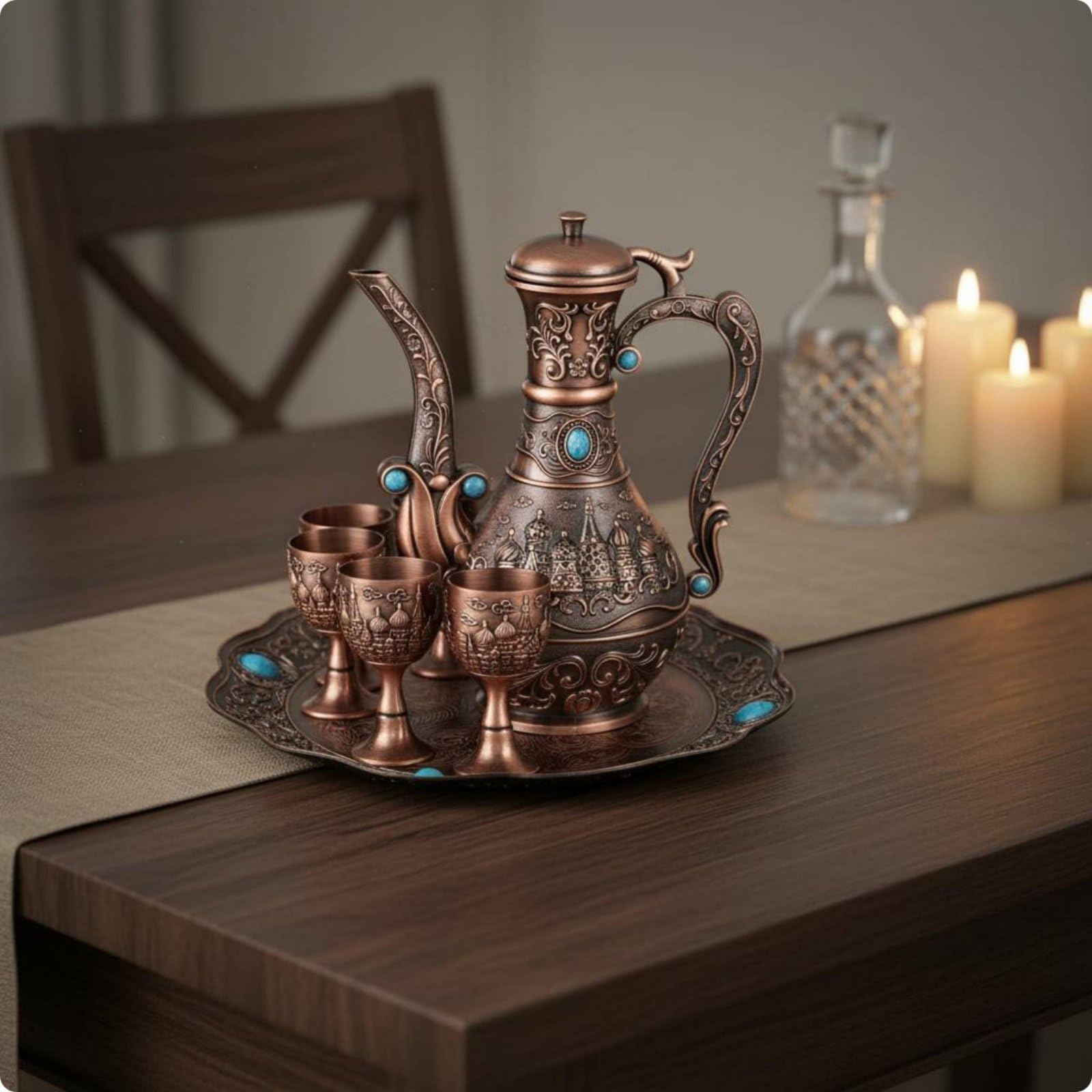 Qianly Bicchiere di Bronzo Set Vassoio Caraffa Bicchieri Calici Set per in Lega di Zinco con Accenti Profondi E Aspetto d'Epoca per Esposizione Elegante E, Antique Copper