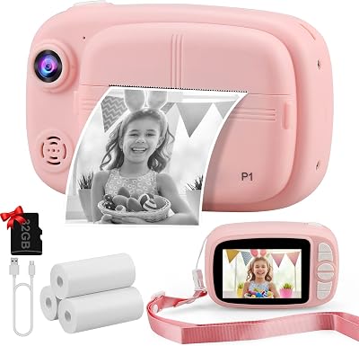 Cámara Instantánea Niños, 3,5″ 1080P Cámara Fotos Infantil con 4 Rollos de Papel de Impresión y Tarjeta SD de 32GB, 12MP Instantáneas Cámaras Niña para 3 a 14 Años Regalos Juguete (Rosa)