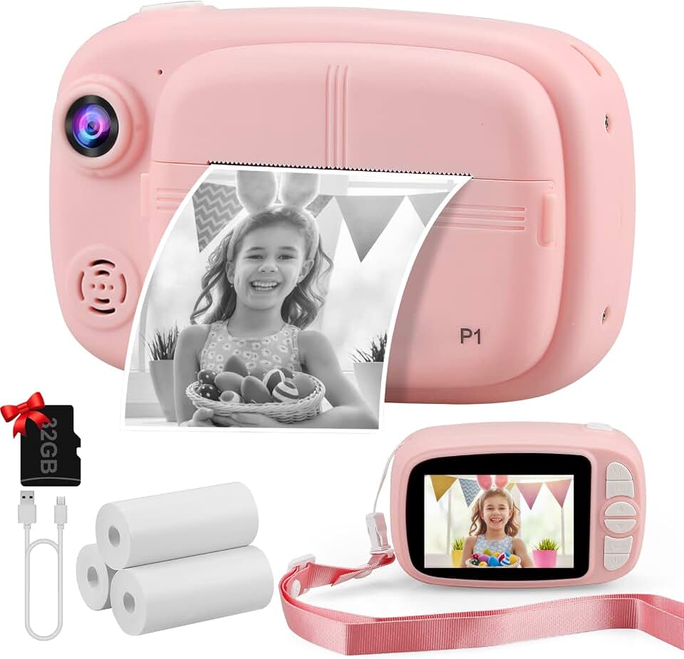 Cámara Instantánea Niños, 3,5" 1080P Cámara Fotos Infantil con 4 Rollos de Papel de Impresión y Tarjeta SD de 32GB, 12MP Instantáneas Cámaras Niña para 3 a 14 Años Regalos Juguete (Rosa)