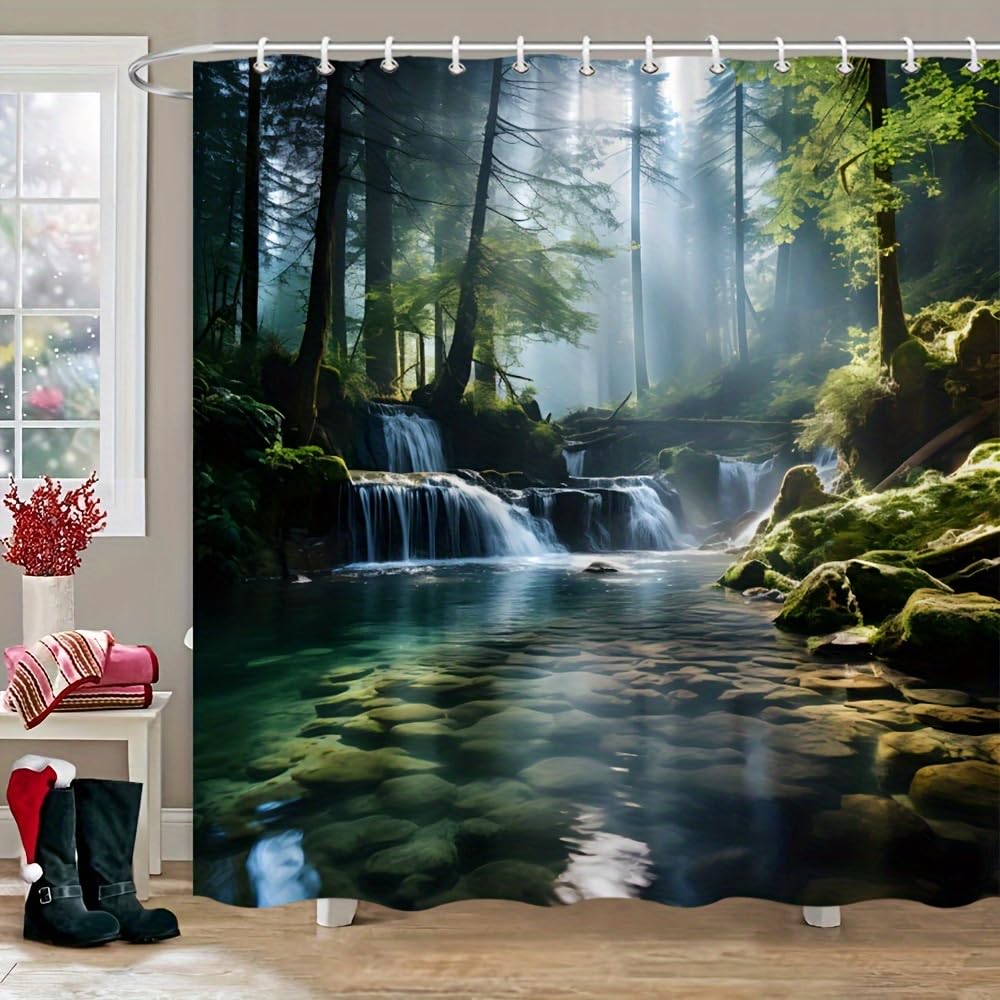 GLKSDLPO A Serene River, Forest, and Sunlight Shower Curtain for Bathroom Home Decor, Including Hooks(165x200cm/65x79in(WxH))