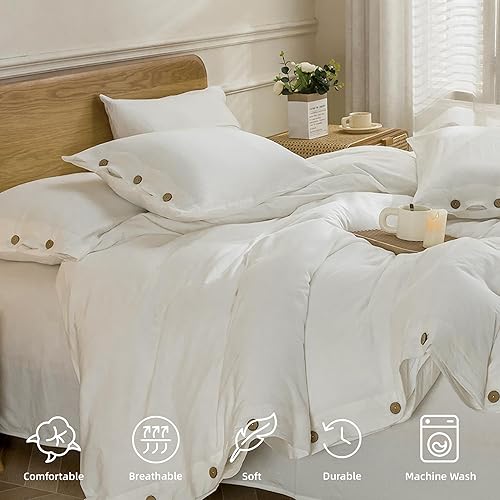 Miniatura 3 de JELLYMONI - Funda de edredón, 100 % algodón lavado con textura similar al lino, juego de ropa de cama suave y transpirable, 2 piezas con cierre de