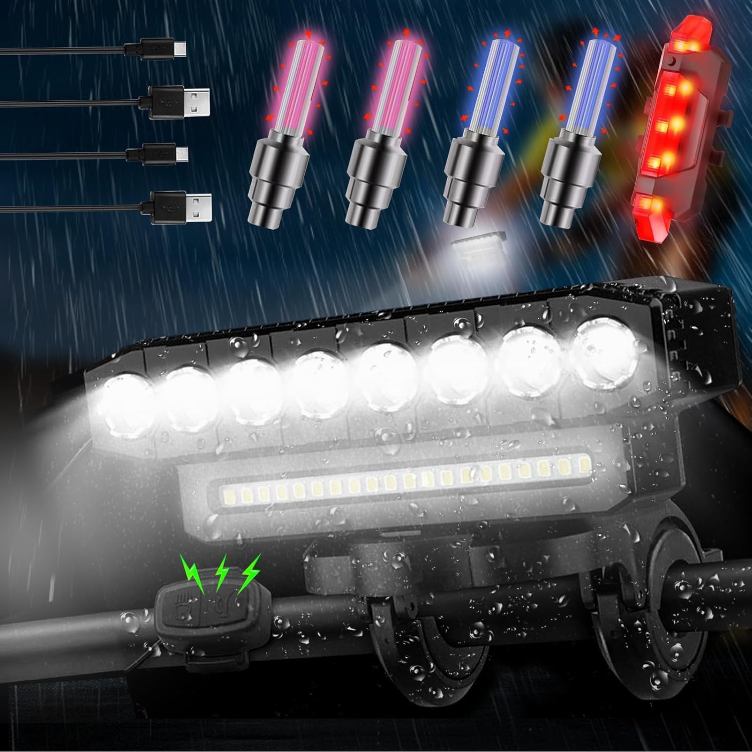 Set di Luci per Bici Ricaricabili con 11 Modalità Illuminazione Funzione Bank da 4000mAh Campana 130dB IP65 Perline LED Ultra Luminose Ciclismo e Attività