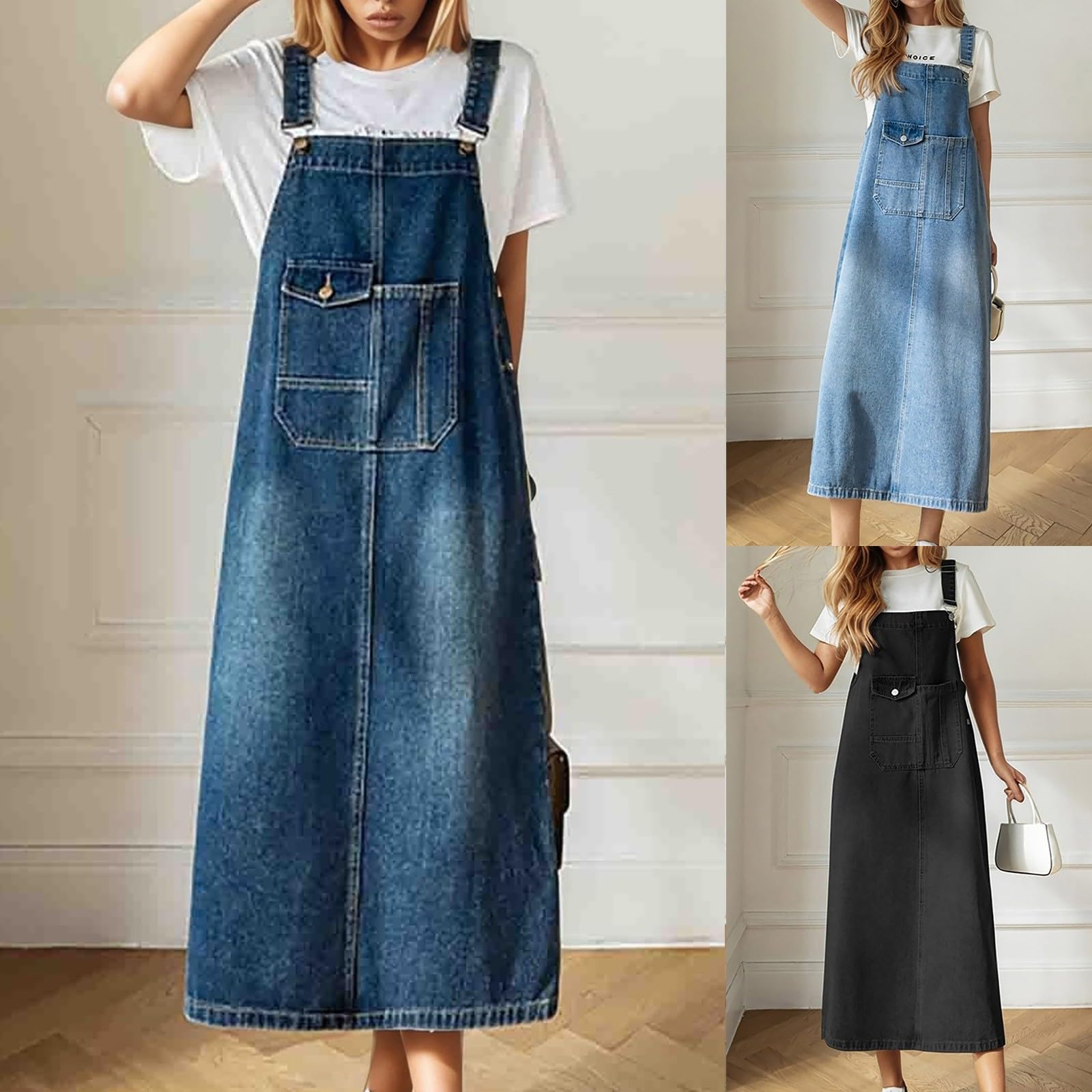 Generisch Jeans vestito estivo da donna, con cinturino regolabile, elegante, lungo, in jeans, senza maniche, con tasche, comoda gonna a salopette, per il tempo libero, maxi abito con spalline
