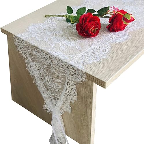 Camino de mesa de encaje blanco de 120 x 14 pulgadas, camino bohemio vintage con patrón floral para banda de silla, decoración de mesa de recepción