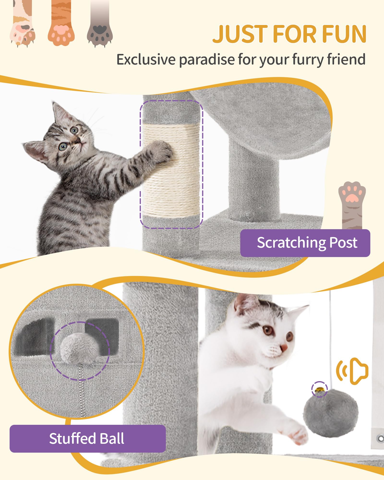 Hzuaneri 170 cm Grand Arbre à Chat, Tour à Chat pour Chats d'intérieur, avec Grand Perchoir, Tapis Lavable, 2 Niches Chats, 8 Griffoirs, Hamac, Pompons, Gris Clair MS17018LG