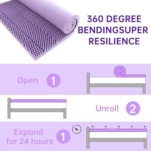 Miniatura 41 de MUXHOMO 2 Inch 7-Zone Queen Mattress Topper, Egg Crate Foam Mattress Topper Queen Size for Back Pain, Lavender Cooling Gel Infused Bed Pad