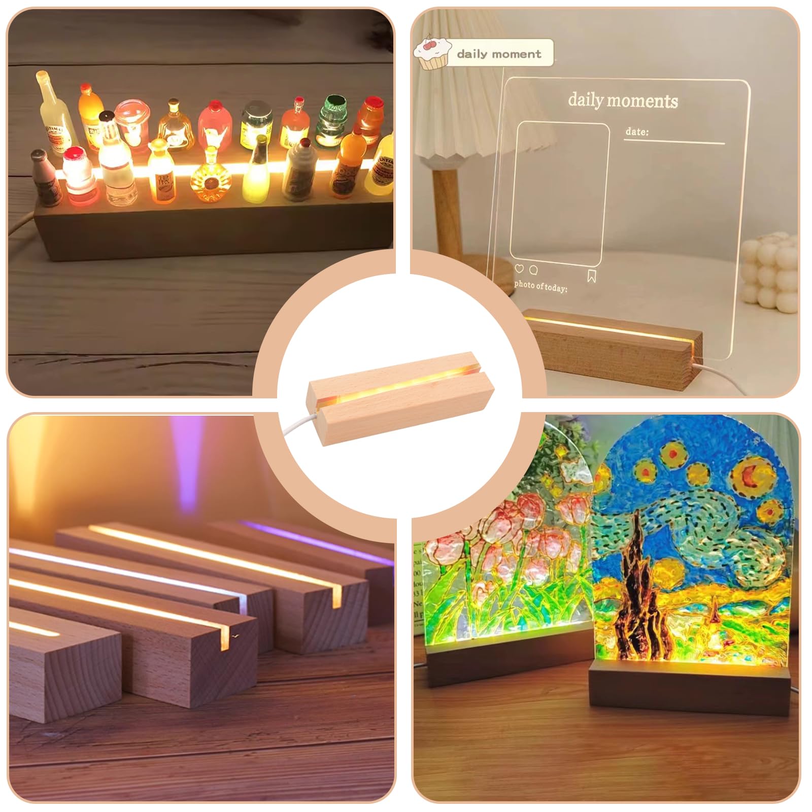 4 sztuki drewnianych cokołów LED, cokół świetlny LED, ciepłe kolory, podstawa drewniana USB, prostokątna podświetlana podstawa drewniana do bloku szklanego, kryształów, szkła, żywicy, ornamentu