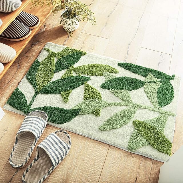Bingobang Bath Door Mat Non Slip Anti Mould 65 x 45 cm,Plush Weave Bathroom Shower Floor Rug Machine Washable,for Tub,Bedroom,Kitchen,Toilet,Door,Green Leaves