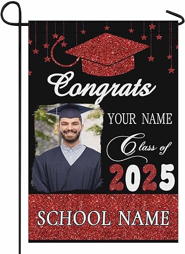Miniatura 9 de Bandera de jardín de graduación personalizada con nombre e imagen, fabricada en Estados Unidos, 3 tamaños, letrero de graduación personalizado para
