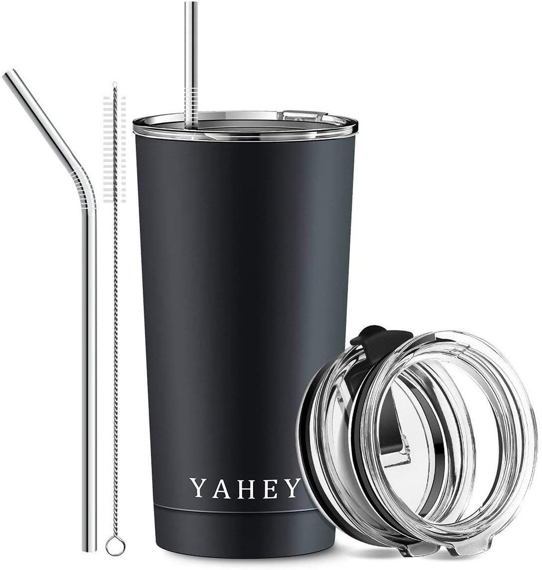 Insulated Tumbler 20 Oz 18/8 Stainless Steel Travel Mug Keep Hot or Cold for Hours BPA Free Double Wall Vacuum Insulated Coffee Thermos with 2 Lids & Reusable Straws , YH Black