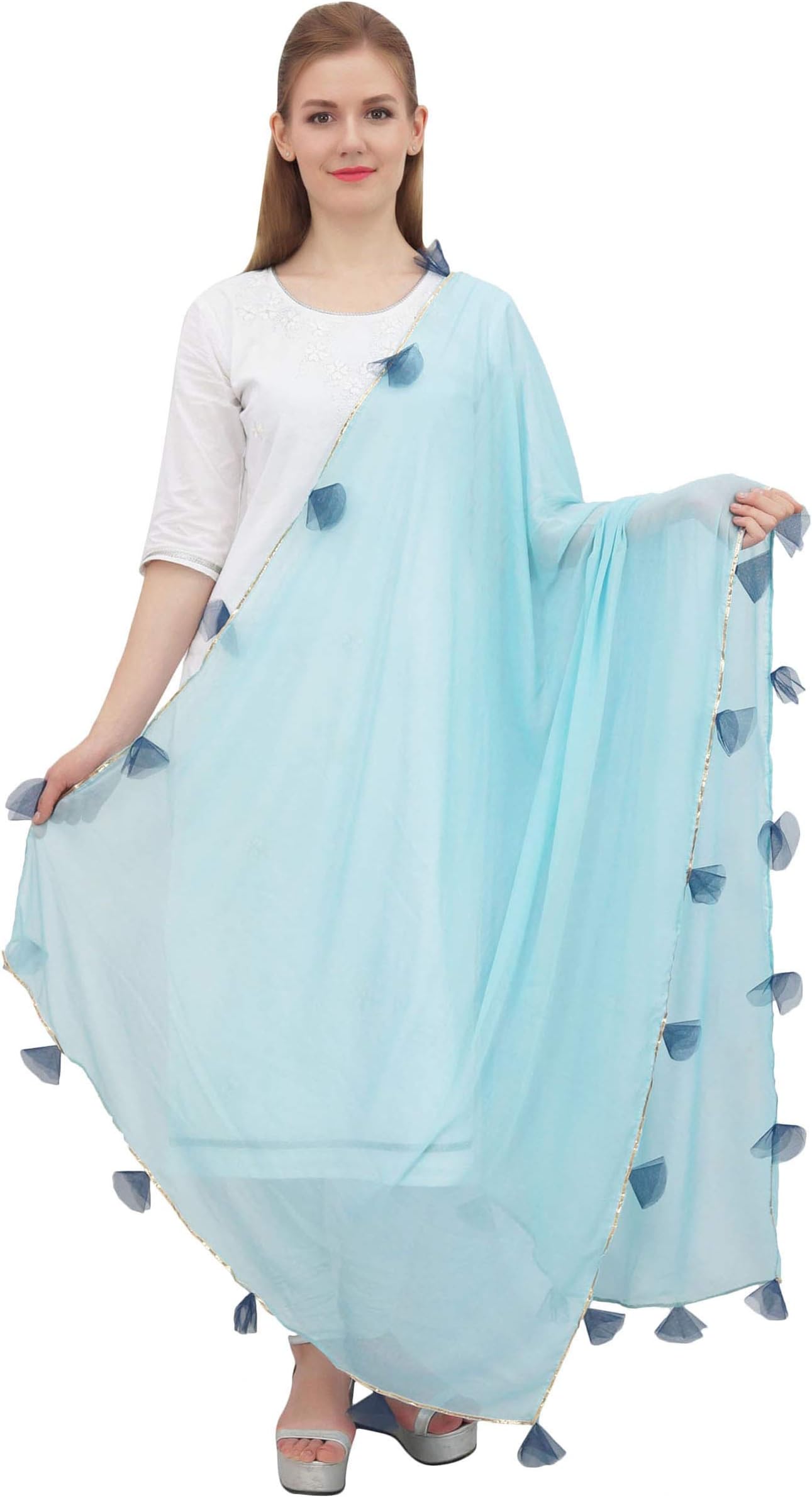 Women's Designer Chiffon Dupatta Indian Long Stole Tassel Scarfs