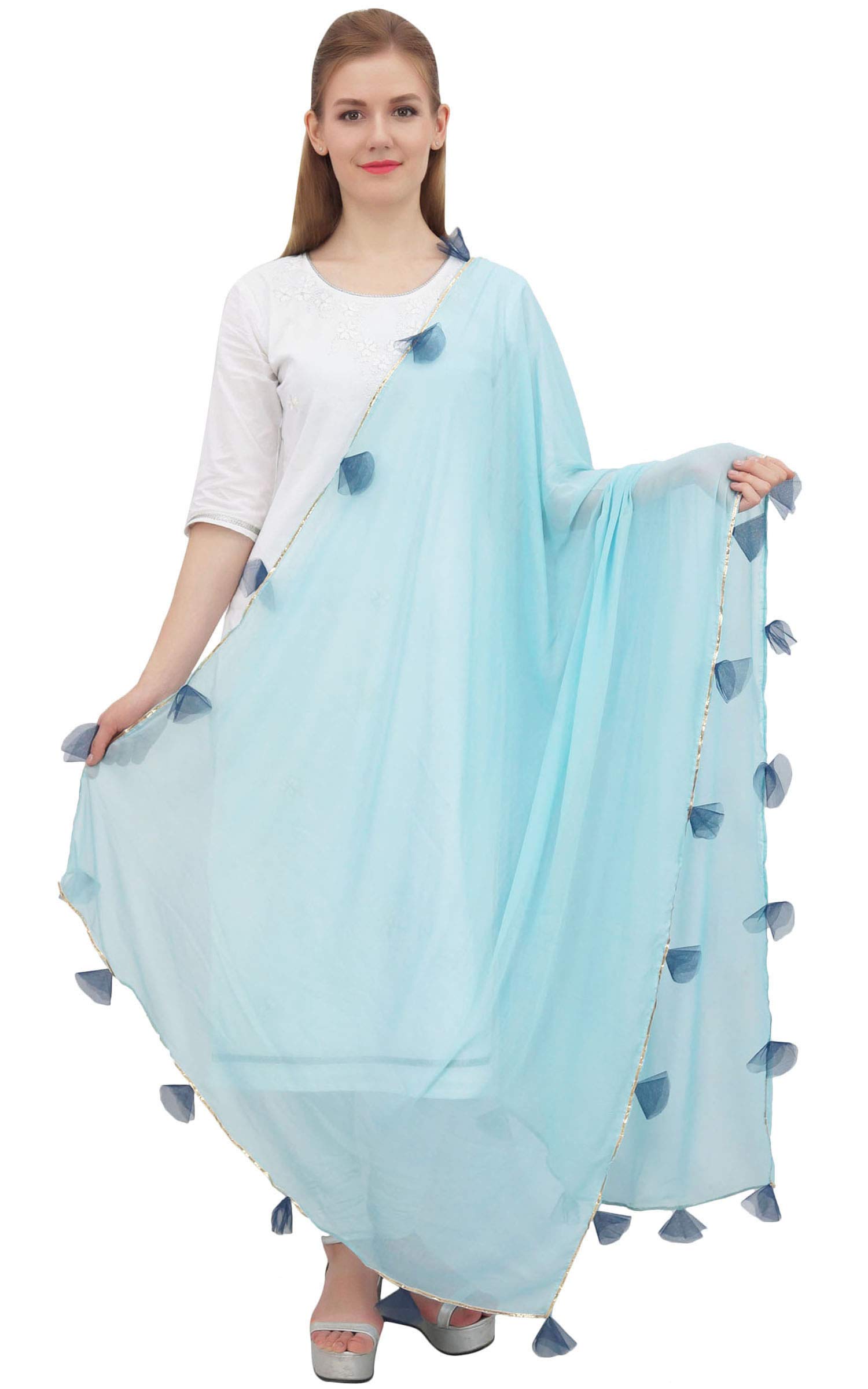 Women's Designer Chiffon Dupatta Indian Long Stole Tassel Scarfs