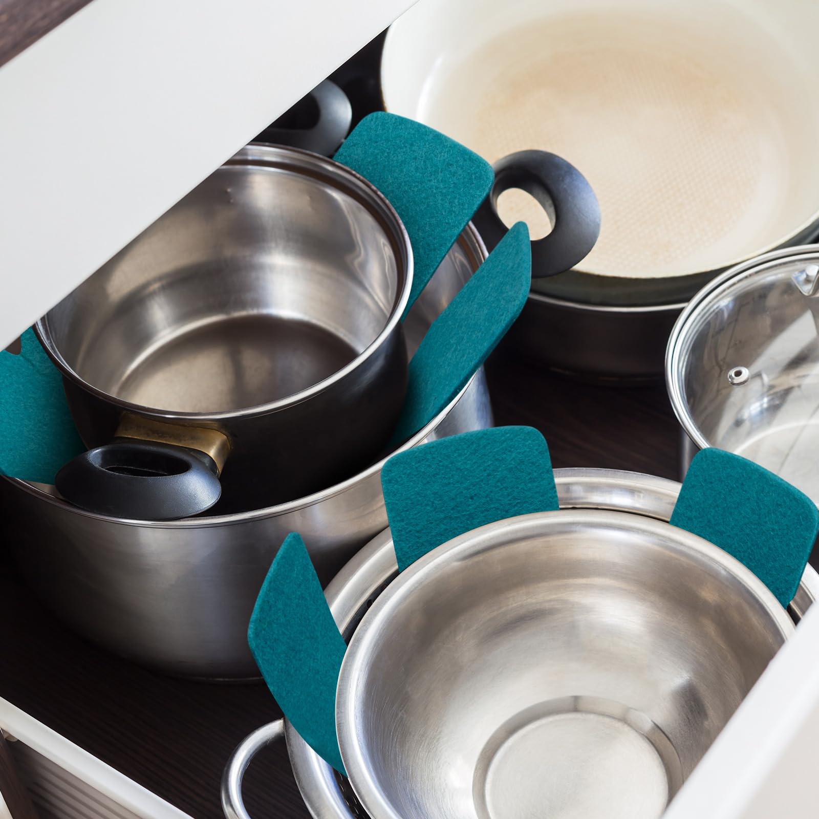40 protectores de ollas y sartenes, 5 tamaños diferentes, protectores de utensilios de cocina, separadores de ollas, almohadillas separadoras apilables para proteger y separar sartenes (azul lago