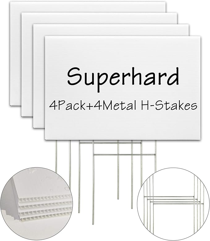 Blank Yard Signs with Stakes 4 Pack 17.5 x 12 Inches White Plastic Yard