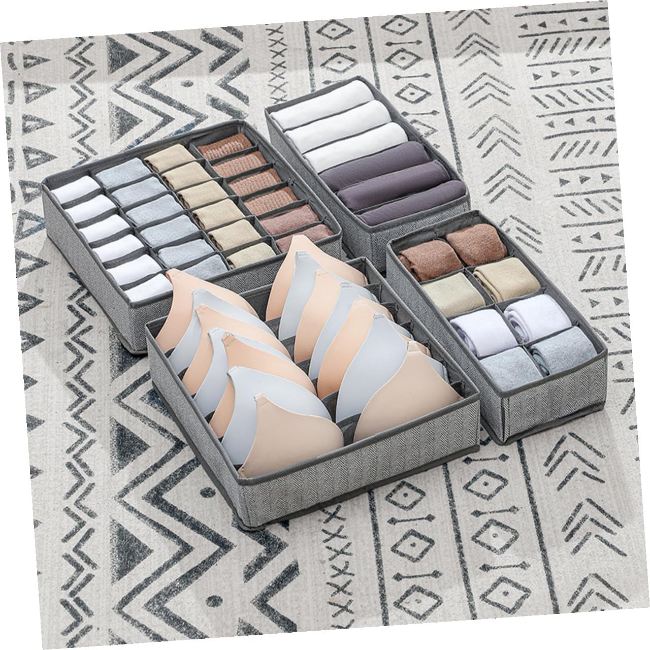 Set 4 Pezzi Divisori Pieghevoli per Cassetti Oxford e Non Tessuto Grigio Organizer per Armadio e Biancheria Intima Capacità Rinforzata Contenitori per Calzini Mutandine e
