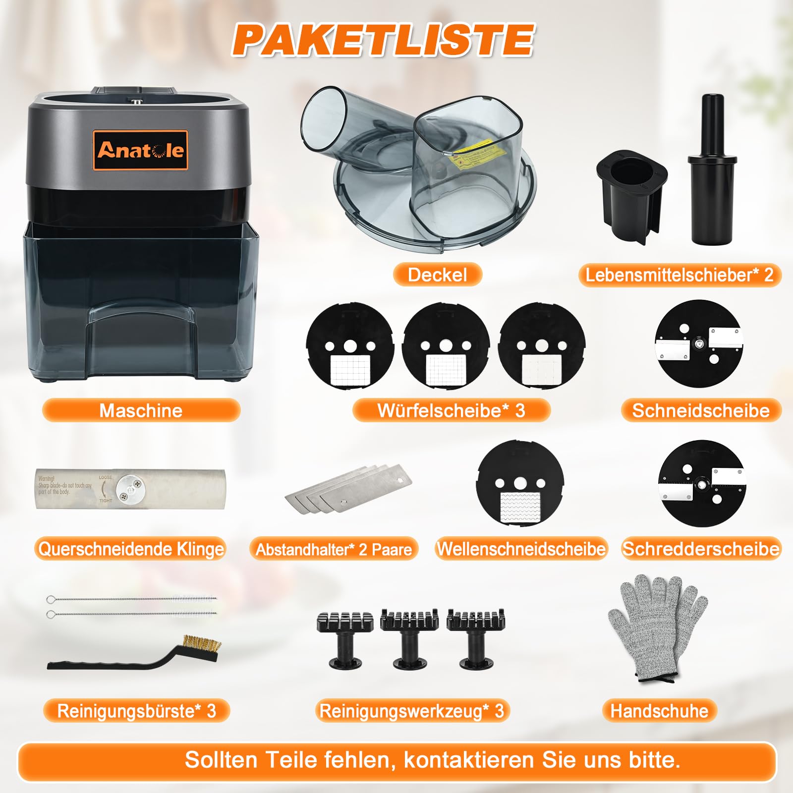 Anatole 6 in 1 Gemüseschneider Elektrisch Würfelschneider Professionell | Würfel& Reibe& Scheiben& Wellenscheiben Multifunktional, 6 Klingen, für Gurke Kartoffel Karotte Zwiebel Obst Gastro 100W 220V