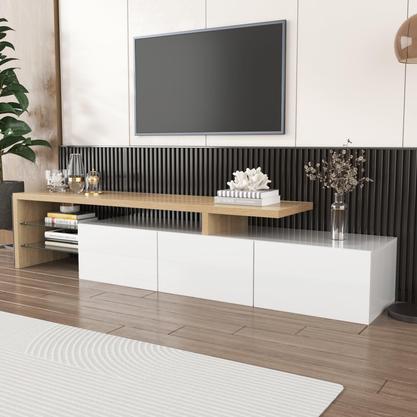 KOMHTOM Élégant Meuble TV En Blanc/noir, Buffet Avec Quatre Portes Et Deux Tiroirs, Meuble Bas Multi-usage Pour Salon, Chambre à Coucher, Couloir ( Blanc