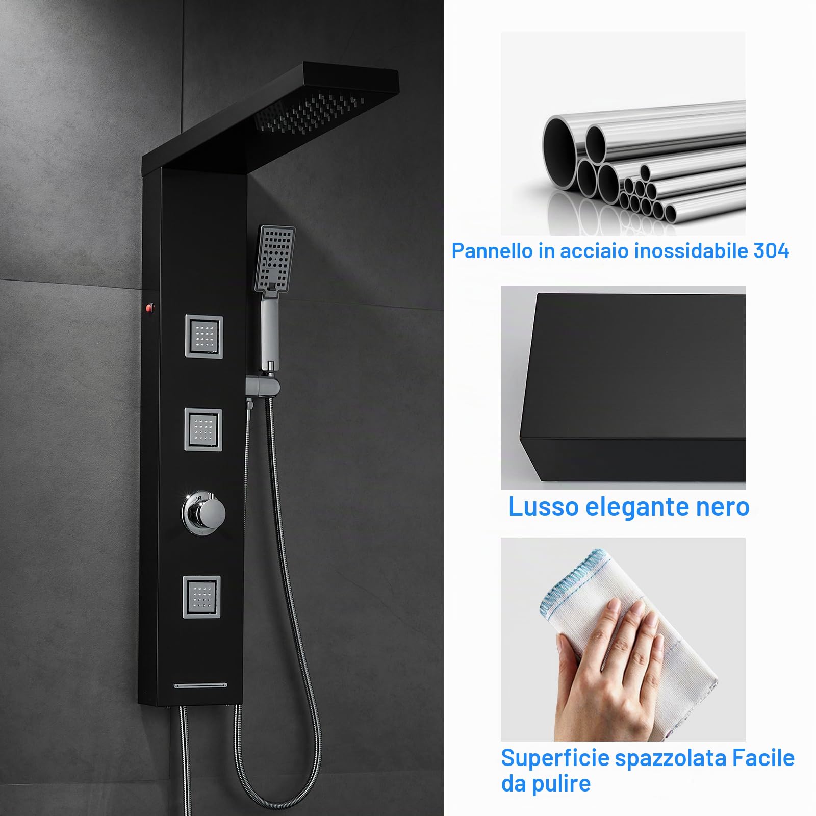 Pannello doccia LED senza rubinetto, 4 funzioni, pannello doccia con doccia a pioggia LED, 3 ugelli massaggianti, doccetta e ingresso vasca da bagno, colonna doccia in acciaio inox 304