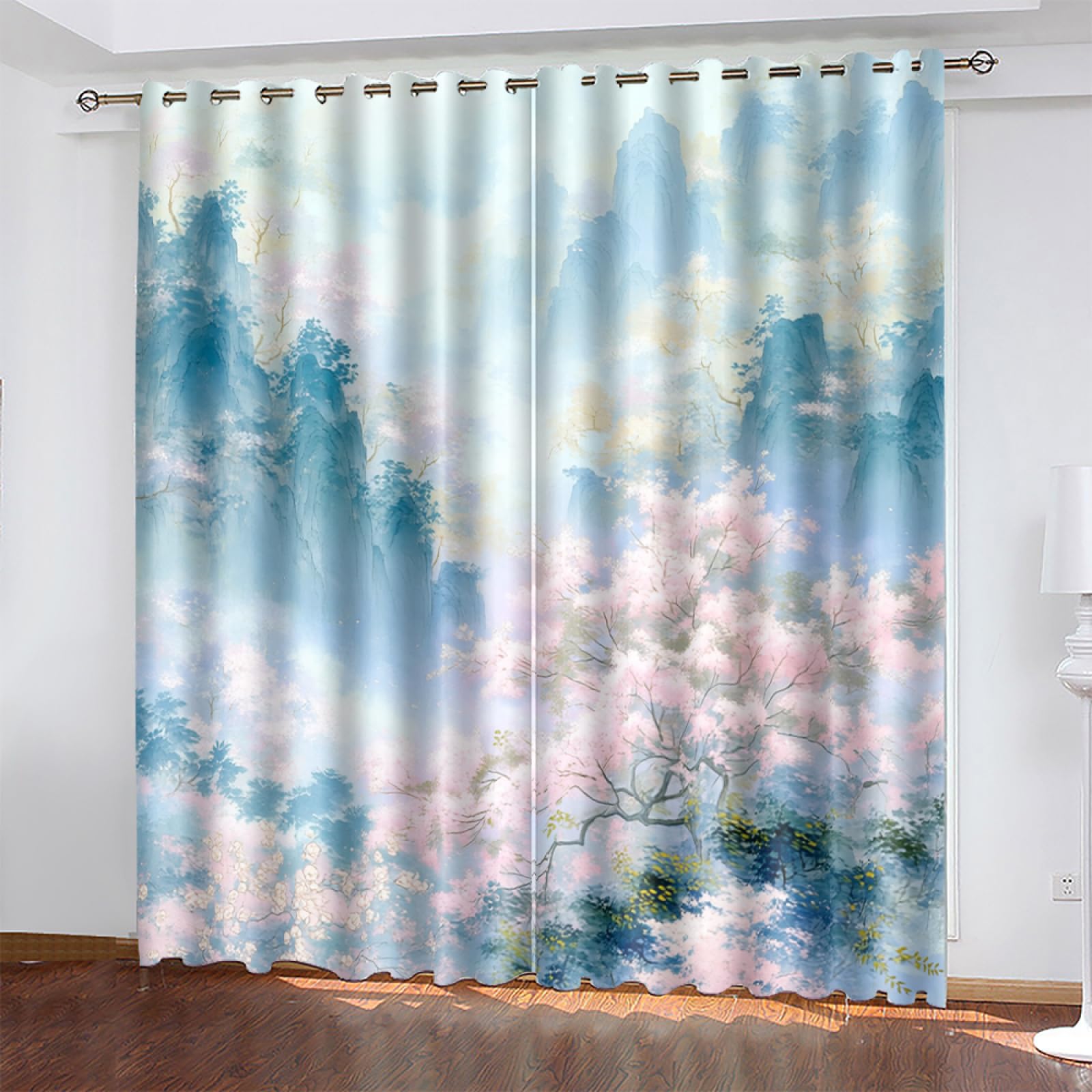 Wazylphin Blackout Eyelet Curtains Pink Leaves Blue Thermal Blackout Curtains for Bedroom Living Room Black Out Curtain Reduce Noise Eyelet Curtins Durable Polyester Thick Window Curtain 2x75x166cm