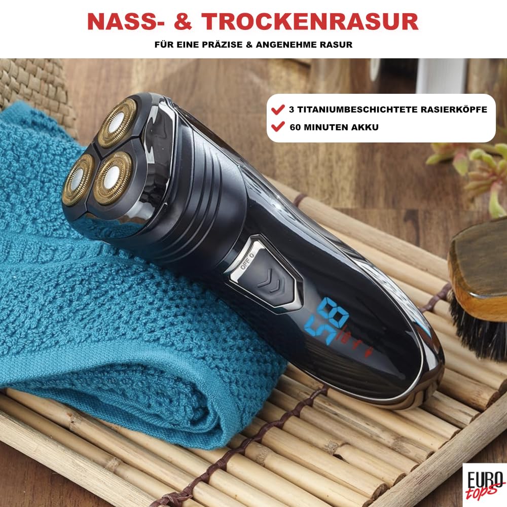 EUROtops Elektro-Rasierer Herren, 3 Scherköpfe, Nass & Trocken, LC-Display | kabelloser Rotationsrasierer, IP6, mit Trimmer, Ladestation, Titan-Köpfe, Reisetasche