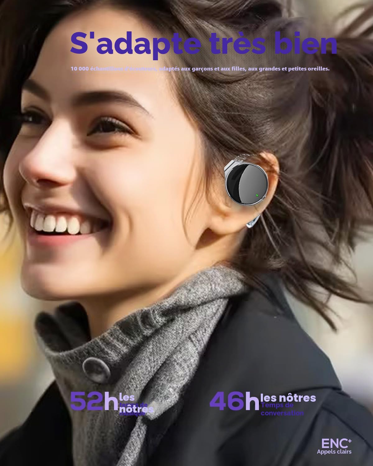 Micool Casque Bluetooth 5.4 sur l'oreille, Casque sans fil Bluetooth à réduction de bruit à clip en forme de goutte d'eau, Casque sport Bluetooth avec 4 microphones, Écouteurs confortables avec