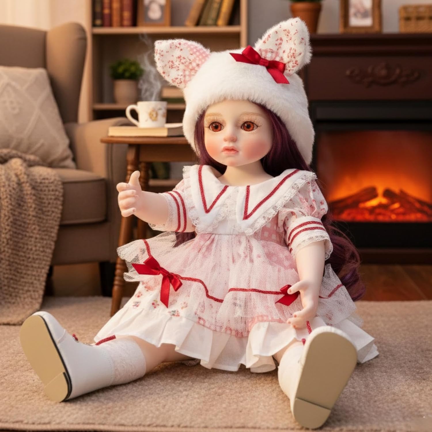 Hand-Painted Vinyl Doll – 16-Inch Designer Collectible Doll with Curls, Victorian Lace Dress – Handmade Realistic Art Doll for Display or Gift (Purple)