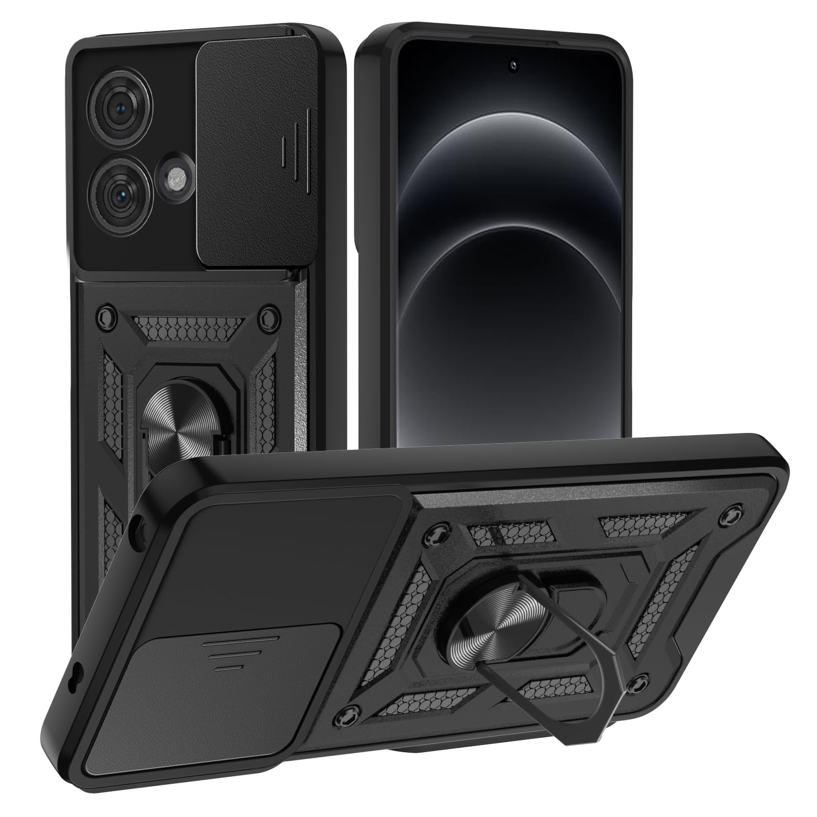 Custodia Per Motorola Edge 40 Neo Con Sportellino Fotocamera E Anello Magnetico – Protettiva Militare, Nera