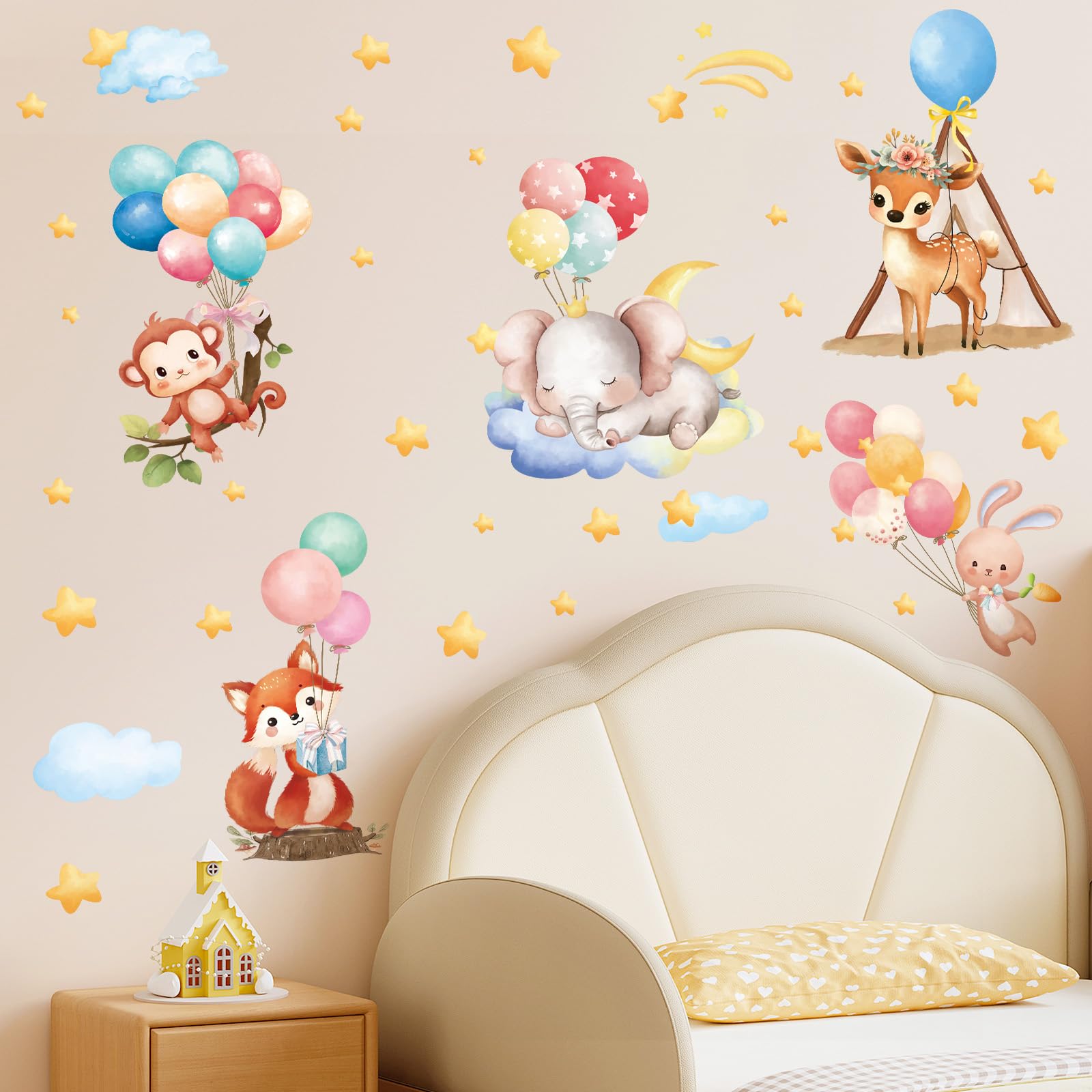 SHUCHING Hot Air Balloon Animals Wall Stickers for Kids' Bedroom Playroom, Elephant Fox Giraffe Wall Decals for Baby Room Nursery - Image 2