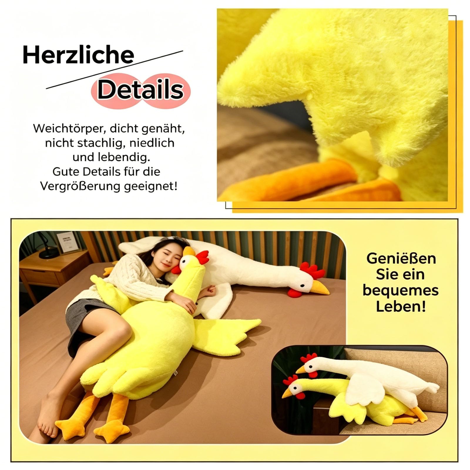 Huhn Kuscheltier XXL, Hähnchen Ausgestopft Plüschkissen, Simuliertes Tier Hühner Plüschtier, Weiches Tier Mutter Huhn Plüschpuppen, Hühner Spielzeug für Jungen Mädchen Geschenke (130cm,Weiß)
