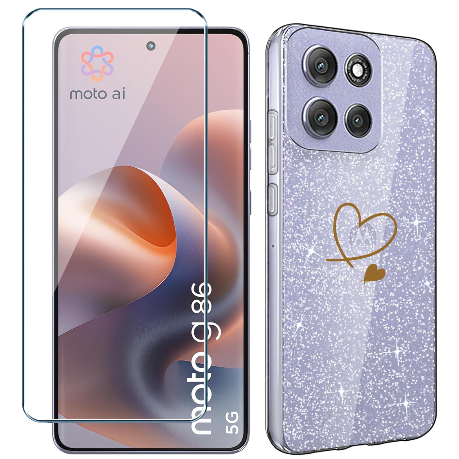 – Xiangyun for Motorola Moto G86 5G Case (6.67") with HD Screen Protector, Transparent Glitter Mobile Phone Case, Durable Clear Protective Cover made of TPU in Heart Shape