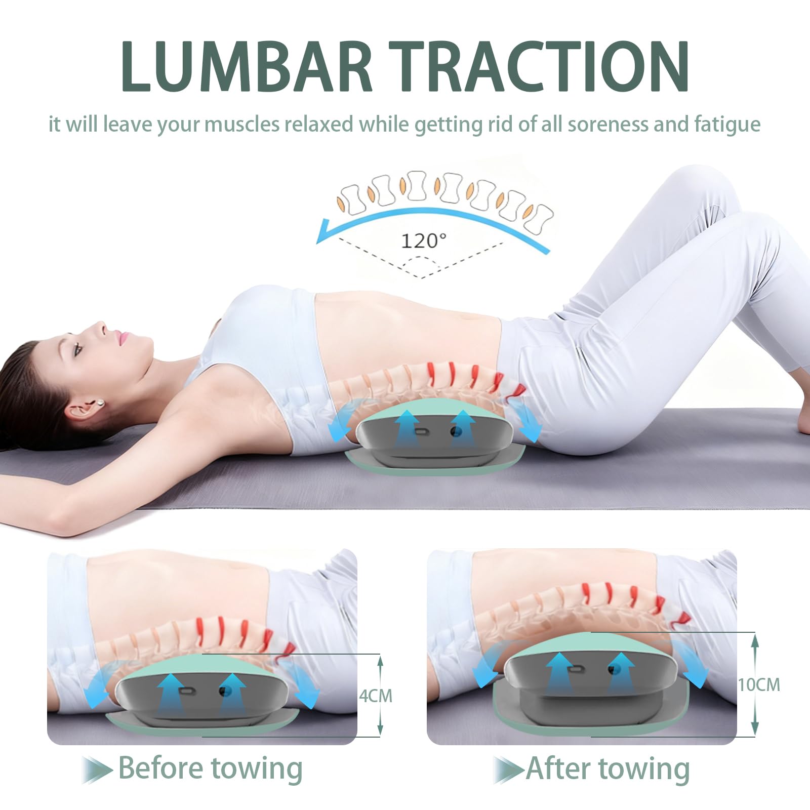 Masajeador Lumbar Eléctrico, 4 en 1 Masajeador de Espalda Inalámbrica con Tracción Airbag, Compresas Calientes, Masaje Vibratorio, Electroterapia EMS,Alivio del Dolor Lumbar