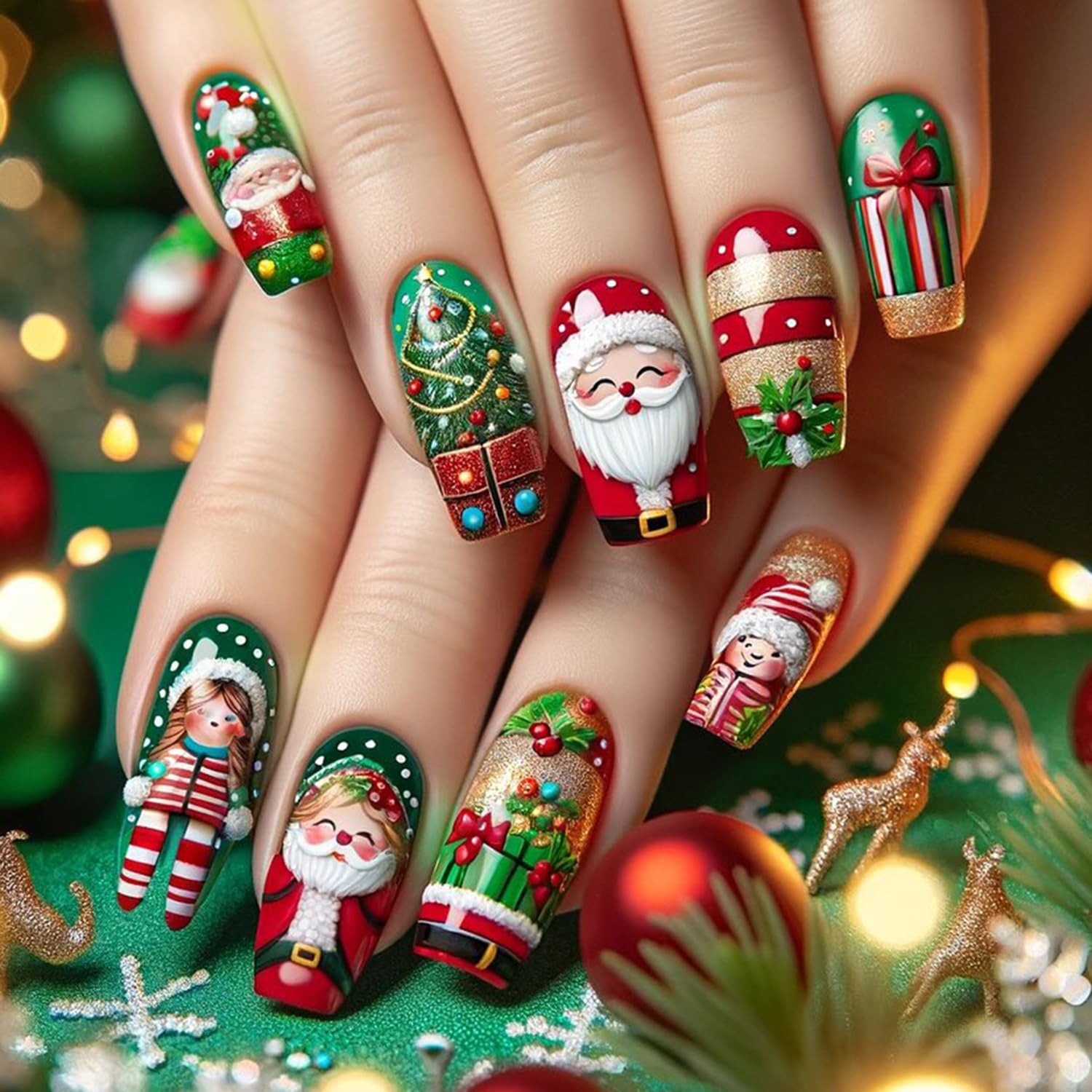 Christmas Cartoon Press on Nails Medium Square Fake Nails, Winter Xmas Press on Nails Cute with Santa Claus Gift Box Design Glossy False Nails