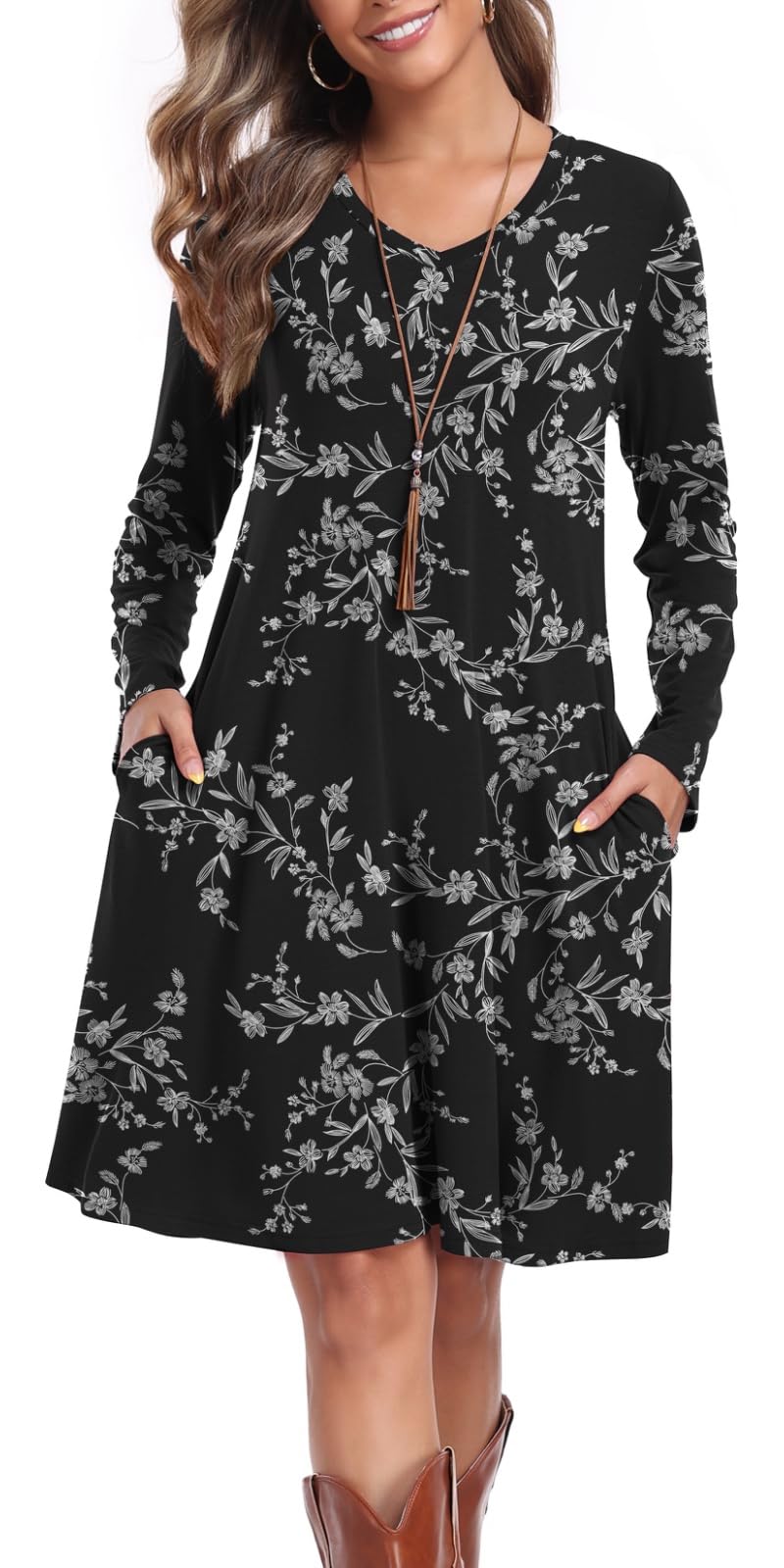 Womens Casual T Shirt Dresses Fall Long Sleeve Swing Dress with Pockets