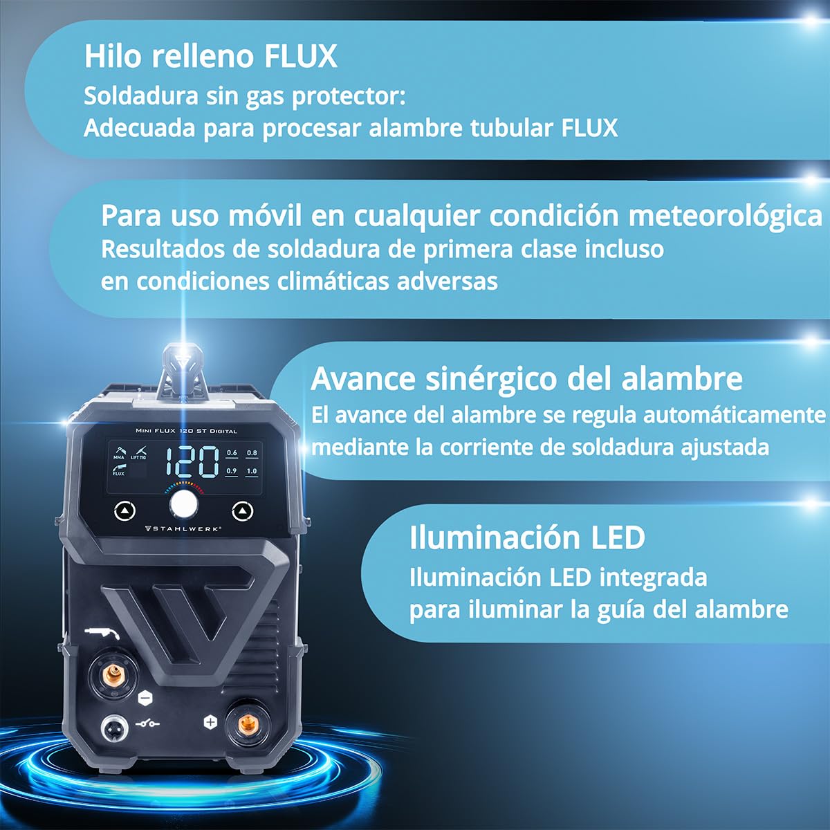 STAHLWERK Soldadora de electrodos 200 Synergic Pro Digital – Máquina de soldar MMA/Electrodo 200 A, soldadura sin gas protector, Lift-TIG, refrigeración inteligente & protección sobrecalentamiento