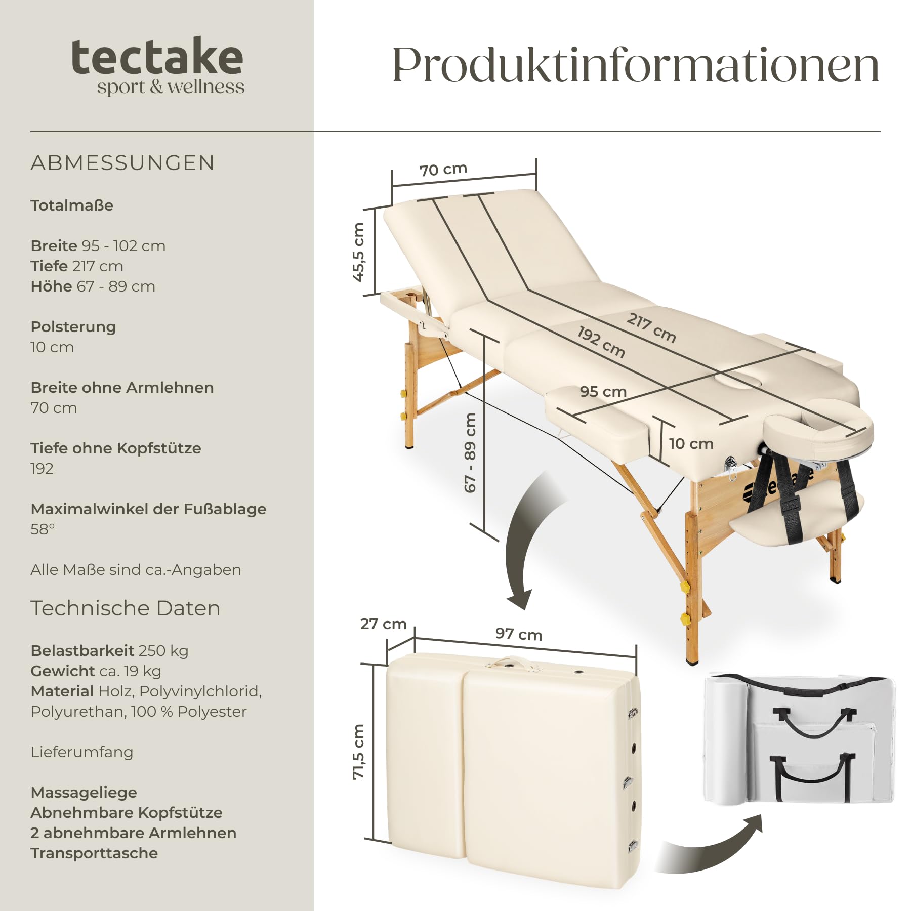 tectake höhenverstellbare Massageliege klappbar mit 3 Zonen, Massagetisch, 10 cm Polsterung, Mobile Massageliege, Kopf- und Armstütze, Massagebank mit Holzfüßen, Zubehör Tragetasche - beige