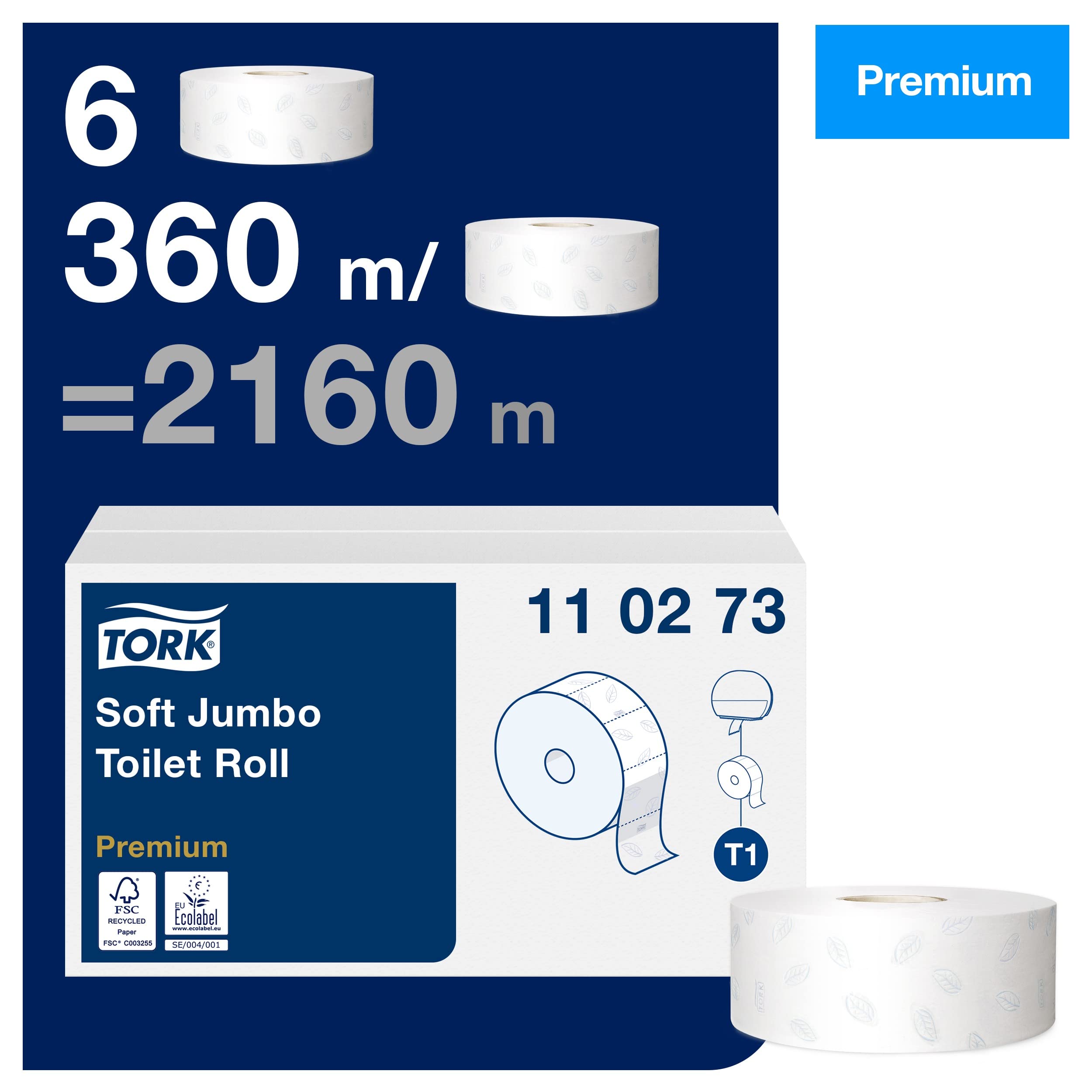 Tork Papier Toilette Jumbo doux blanc T1, Premium, 2 plis, 6 x 360 m, 110273