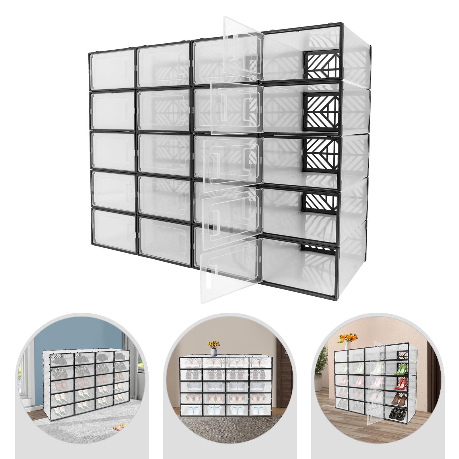 Cajas apilables para zapatos, juego de 20 cajas transparentes para zapatos, para salón, dormitorio, armario y oficina (negro)
