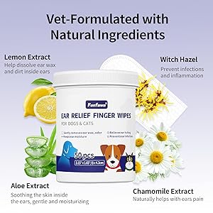 funfawn Pet Ear Relief Finger Wipes for Dogs & Cats - Disposable Dog Ear Cleaner Wipes - Remove Wax Dirty and Odor - Relieve Ear Itching and Inflammation - Safe Natural Ingredients - 100 Count