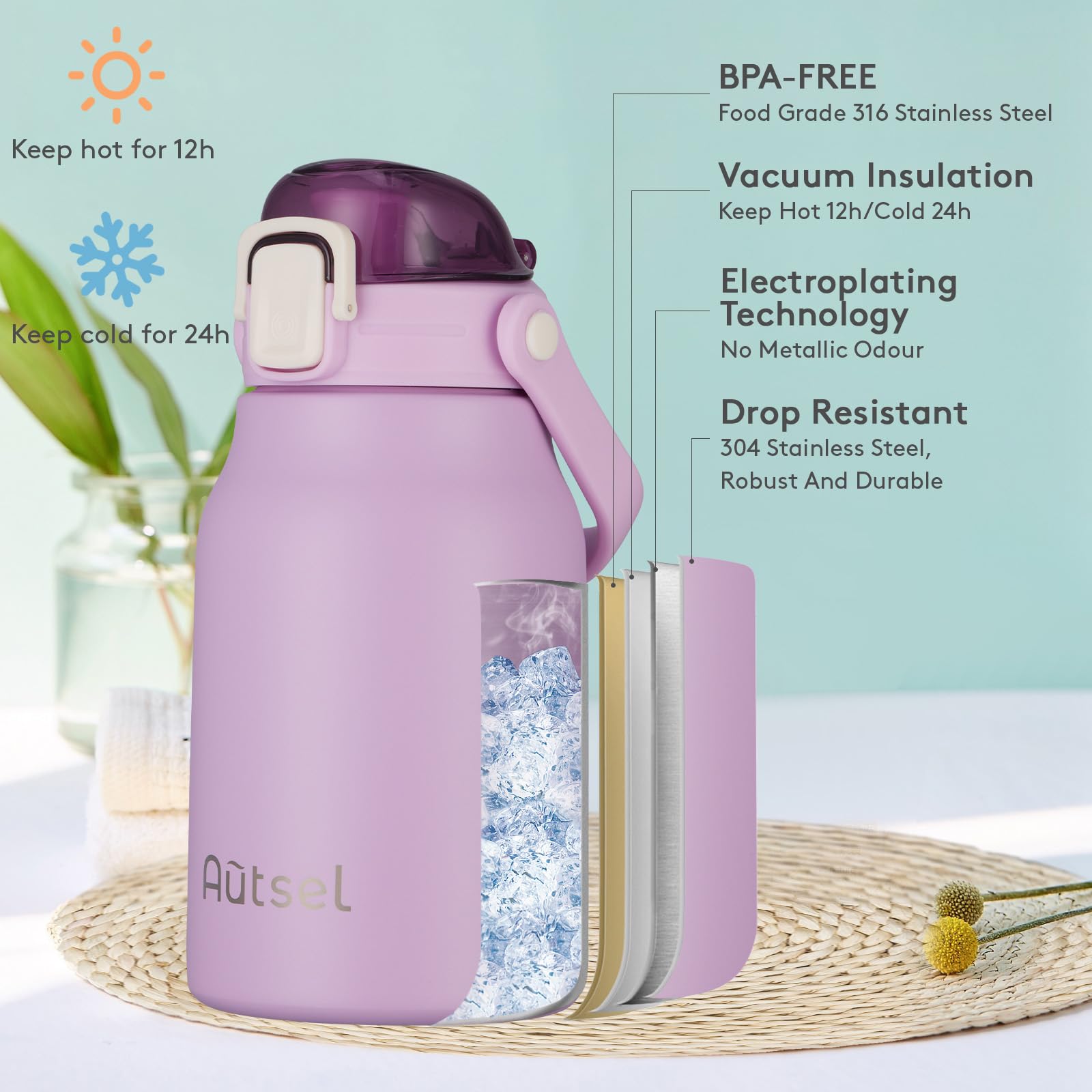 Autsel Borraccia Termica 1 litro Bottiglia Termica Senza Perdite Borraccia Palestra Sportiva in acciaio inox, rimanere fredde 24h o calde 12h, Senza BPA, per Sport, Yoga, Ciclismo