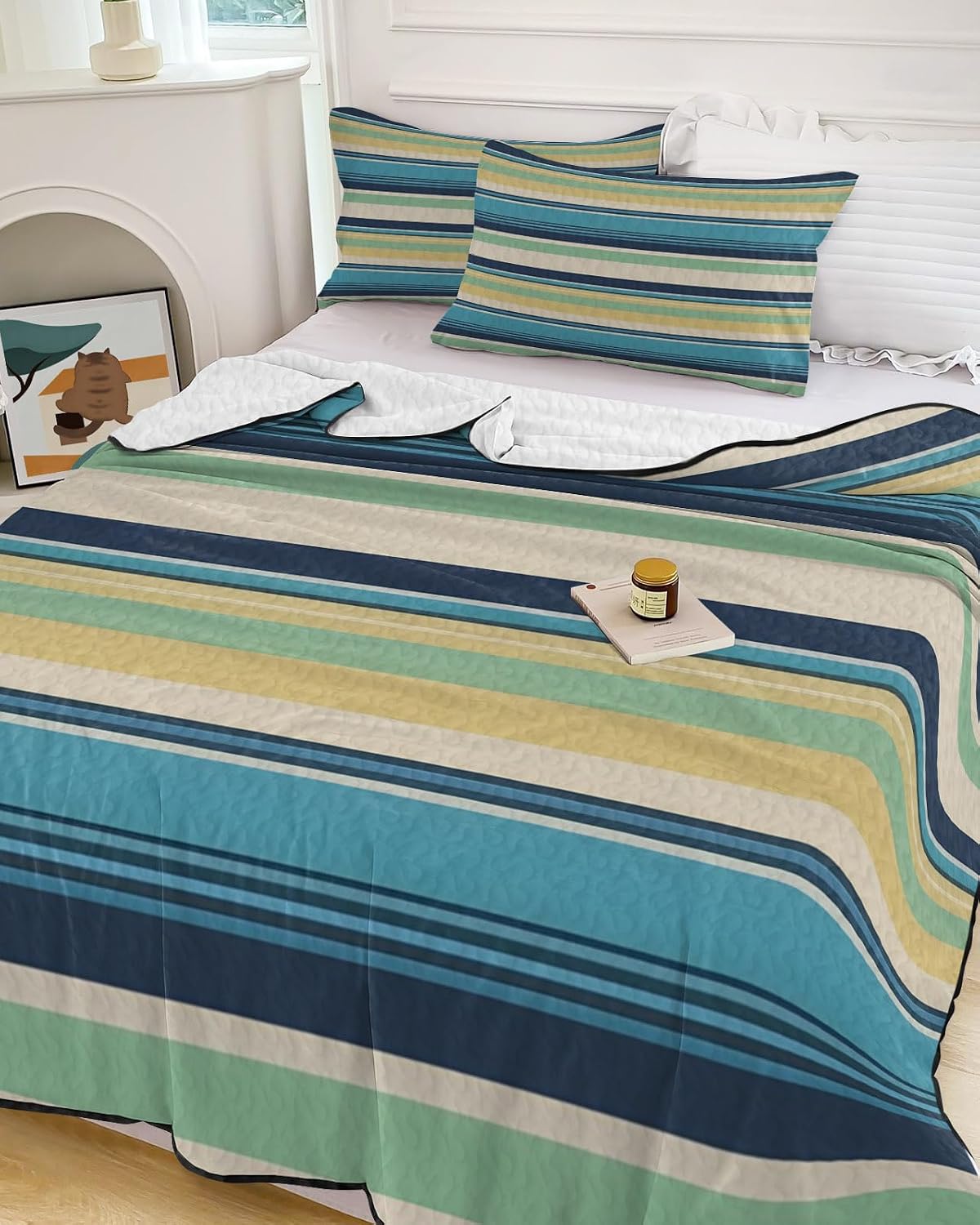 King Size Quilt Set, Teal Blue Green Stripe Lightweight Bedspread Coverlet Set Soft Microfiber Summer Quilt with 2 Pillow Shams, 3 Piece Comforter Bedding Set