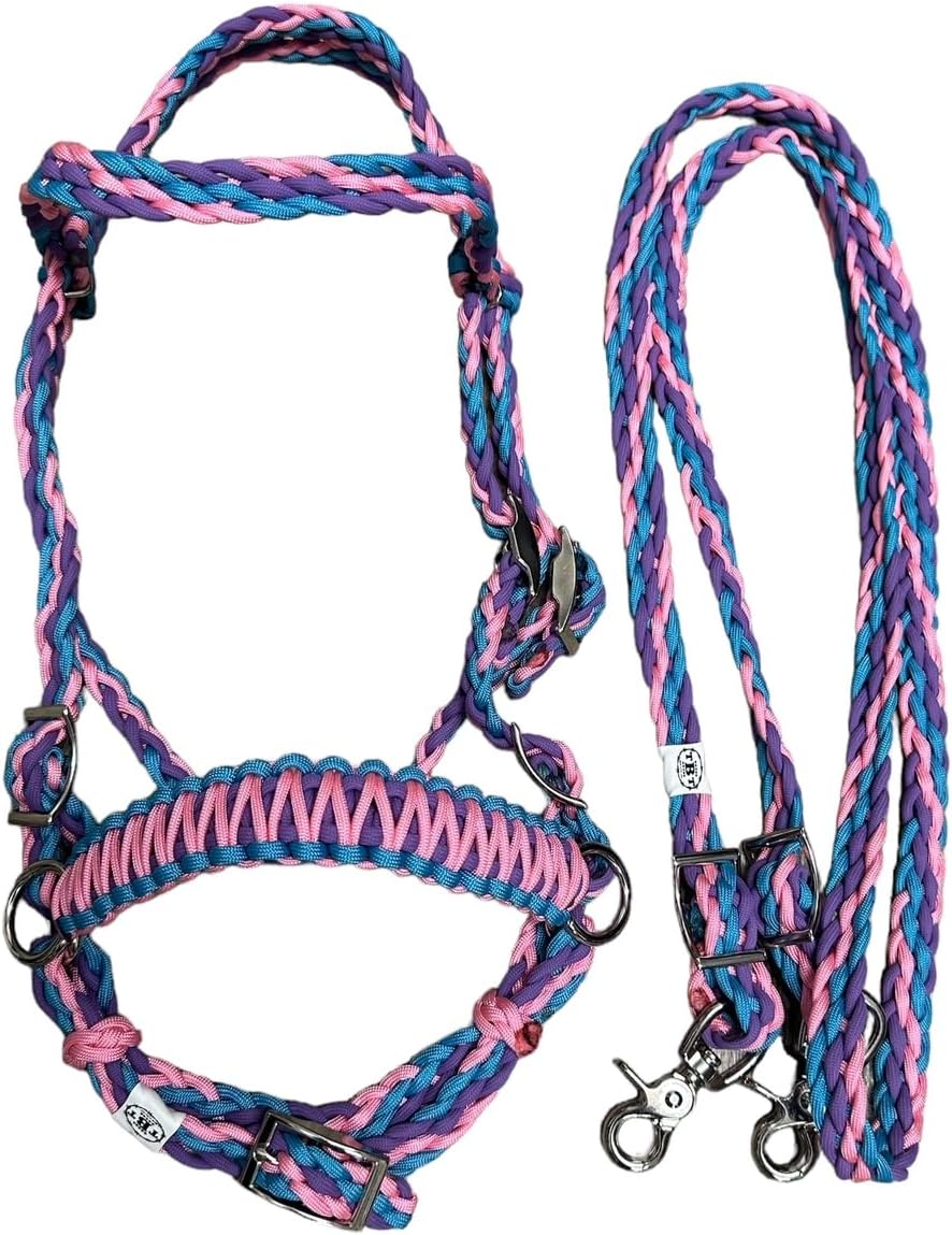 pony bitless bridle horse tack side pull hackamore light pink lilac and turquoise in small pony and large pony size
