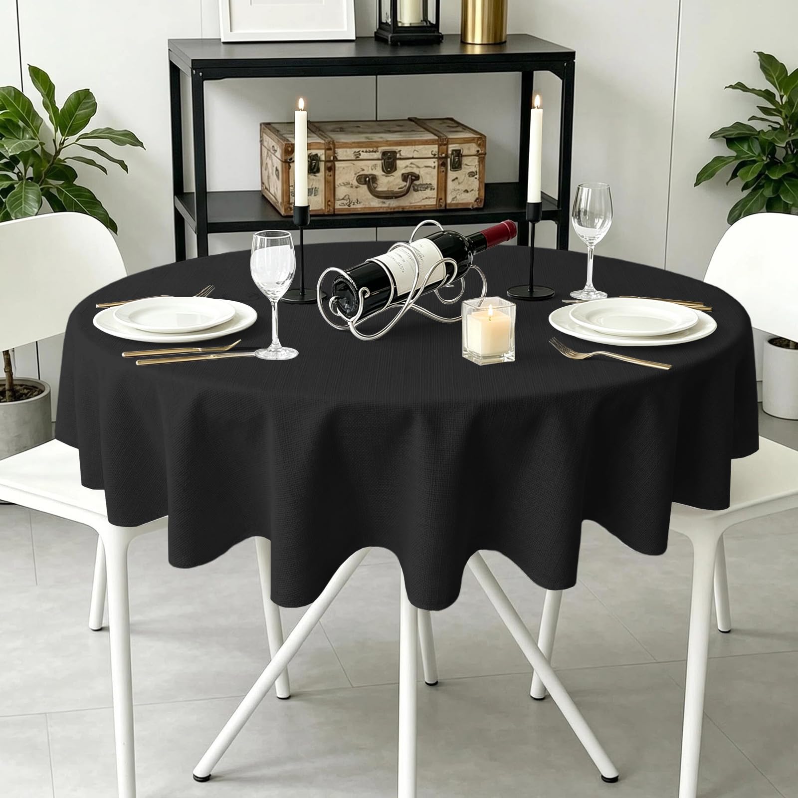 SASTYBALE Black Round Tablecloth 70 Inch / 178 cm, 200 GSM Faux Linen