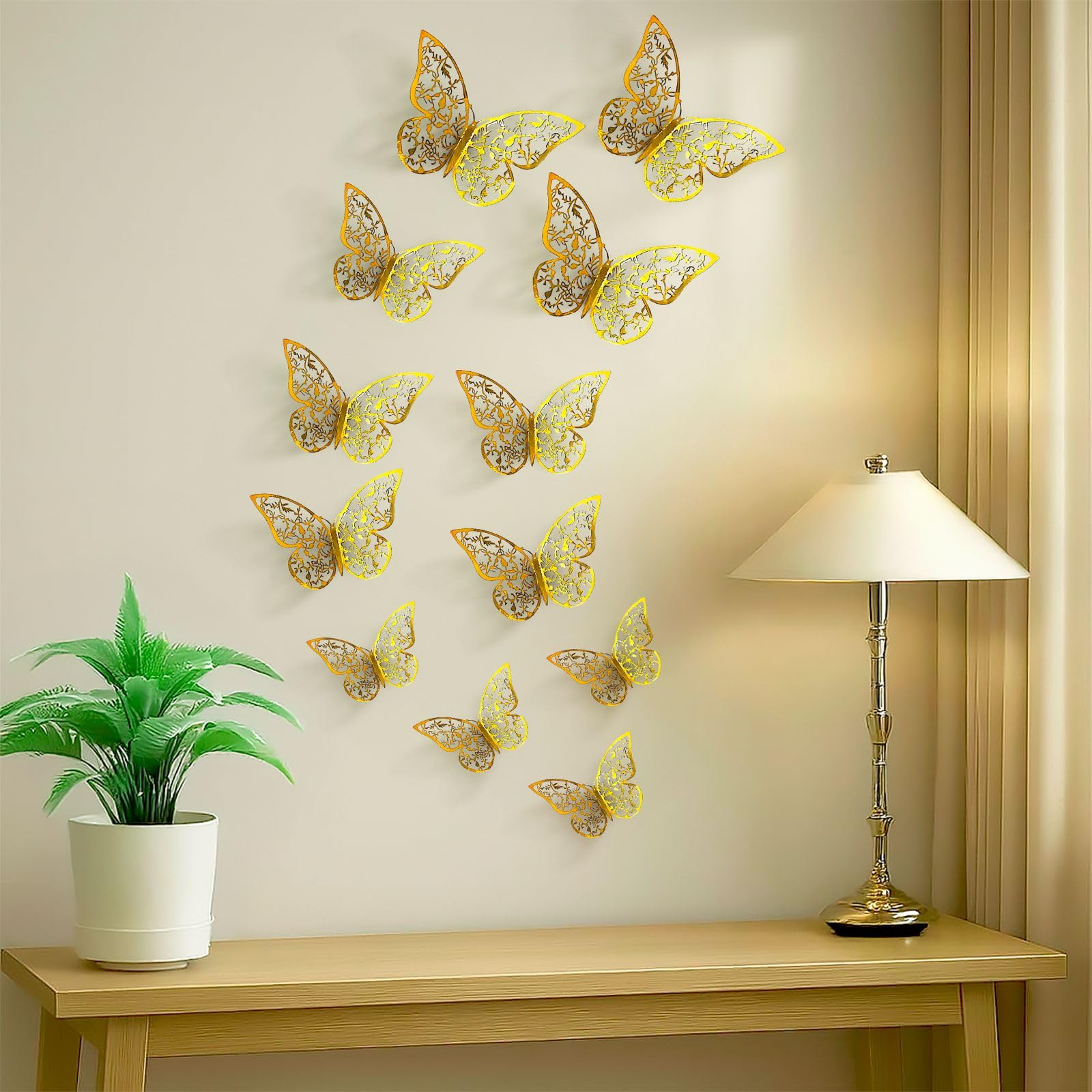 Party Propz Butterfly Theme Birthday Decorations - Pack of 12 Golden 3D Multipurpose Butterfly Decor for Room