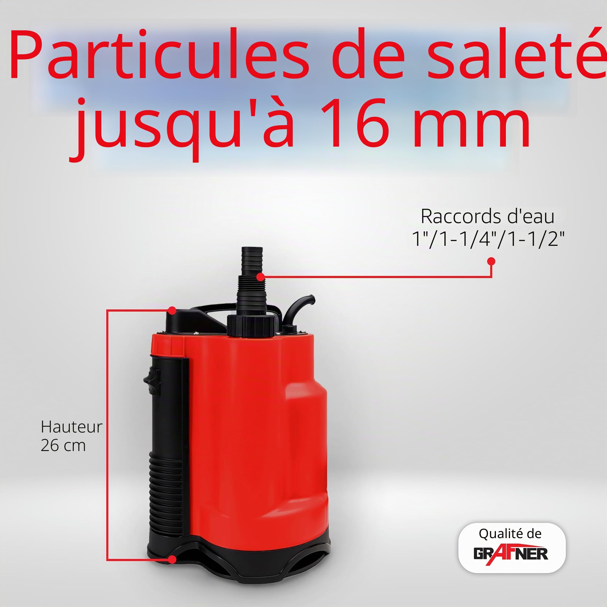 Grafner Drainage Pompe à eau sale 400 W à 7 500 l/h avec interrupteur à flotteur, aspiration plate jusqu'à 25 mm, Ø 16 mm corps étrangers, drainage, pompe submersible, tige, pompe à pression