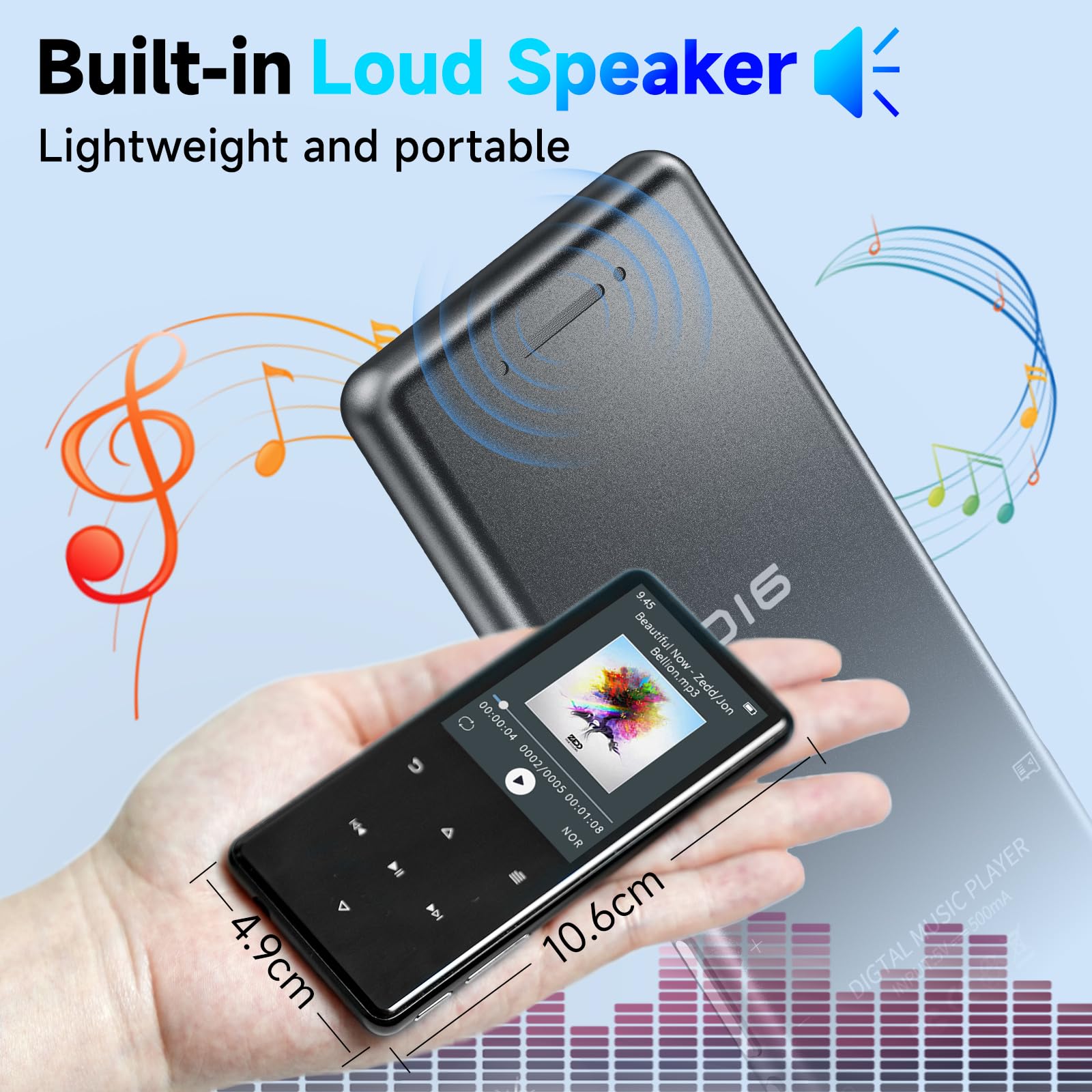 MP3 Player mit Bluetooth 5.3, 64GB und 2,4" Display – Mit Touch-Tasten, Lautsprecher, Metallgehäuse, HiFi-Klang, 18 Schlafgeräuschen, FM-Radio, E-Book-Reader – Unterstützung bis zu 128 GB.