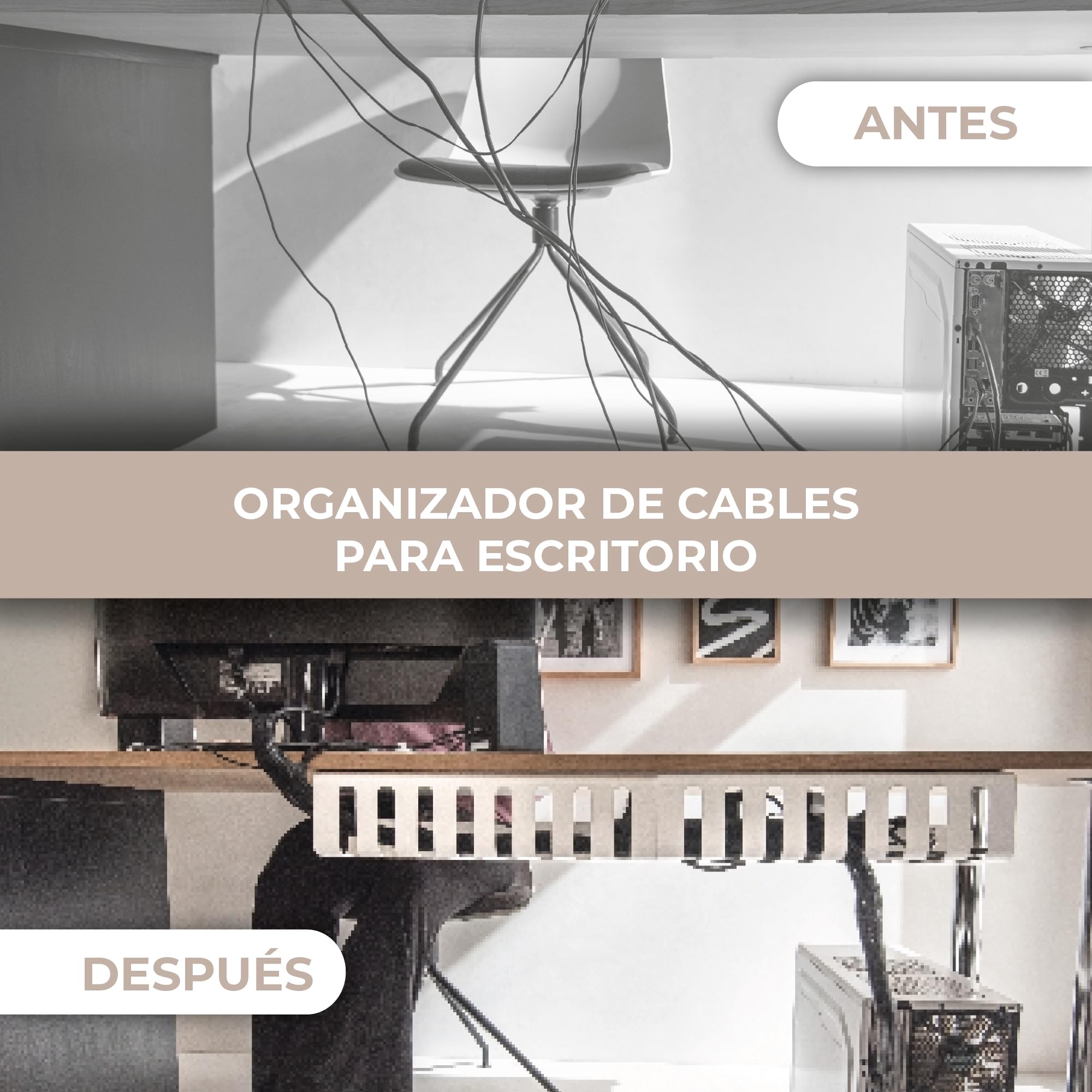 Pack 2 Organizadores de Cables para Escritorio | Bandejas para Cables de 40x10 cm en Blanco Mate | Ideal para Mesa de Oficina, Gaming o TV